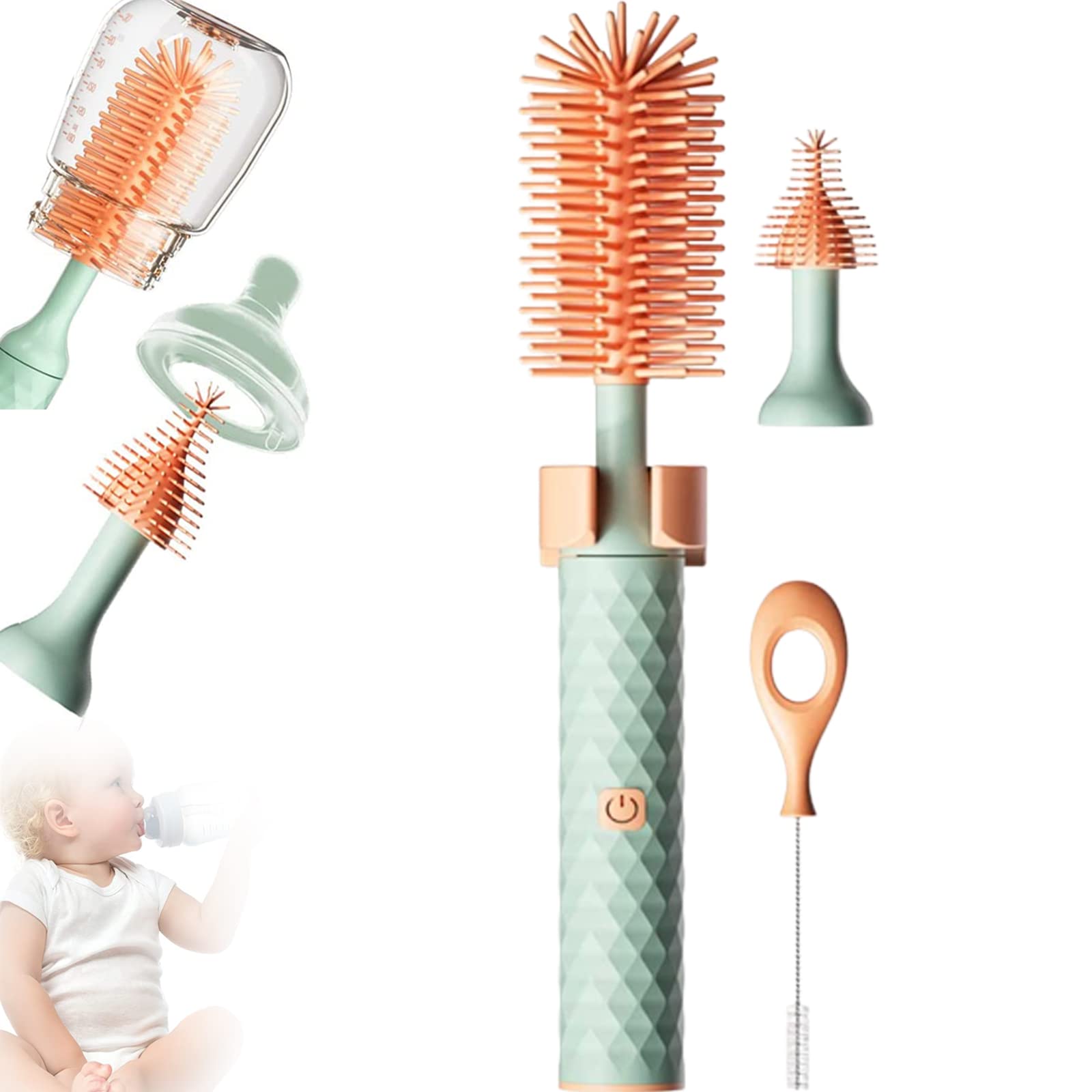 Electric Silicone Bottle Brush Set - Rechargeable Baby Bottle Cleaner with Nipple & Straw Brush, 3-Piece Travel Cleaning Kit for Moms (Green) | Perfect for Home, Travel & Daycare Use