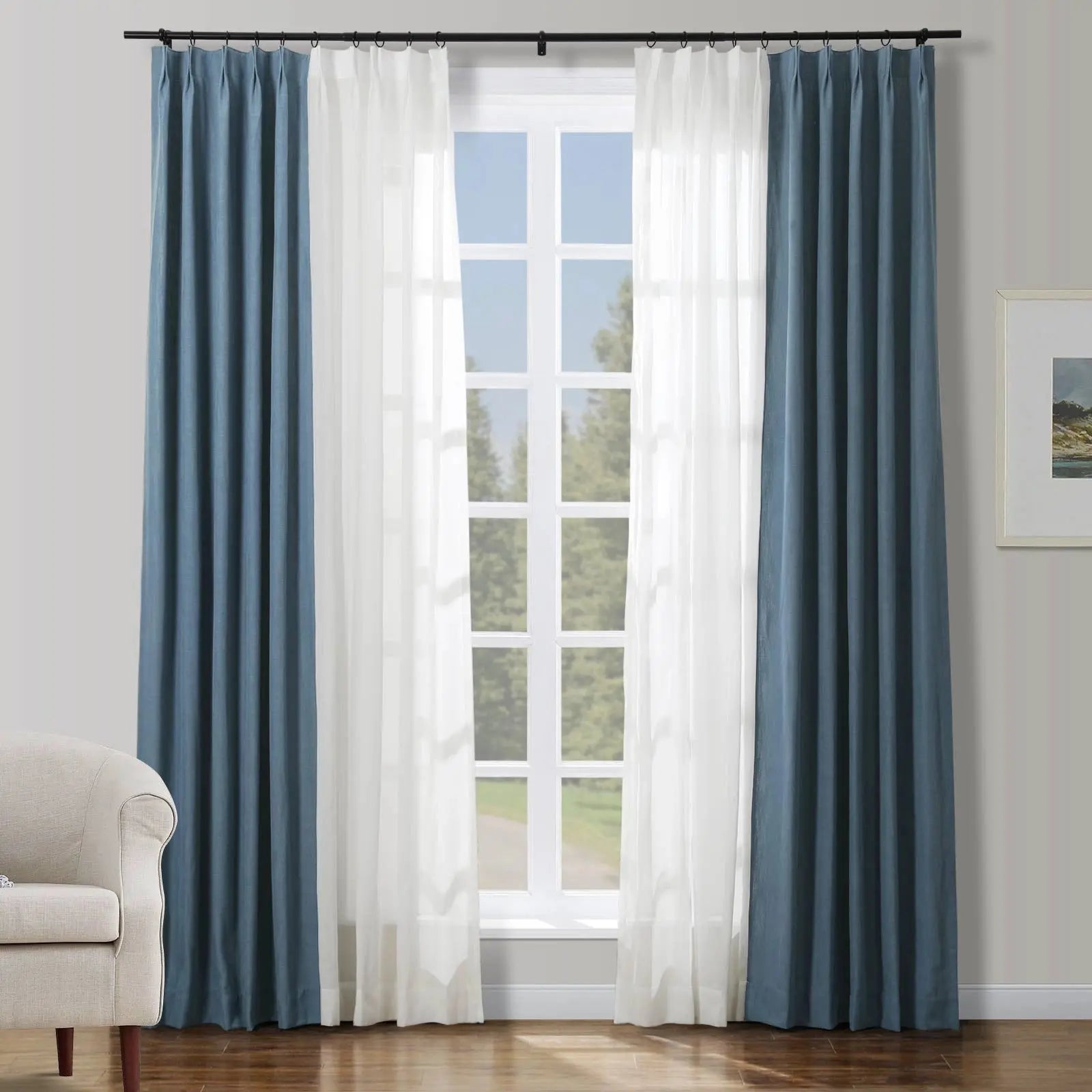 Half Linen Half Sheer Pleated Curtain Panels (Set of 2) - Elegant Window Drapes for Living Room, Bedroom & Dining Room Decor