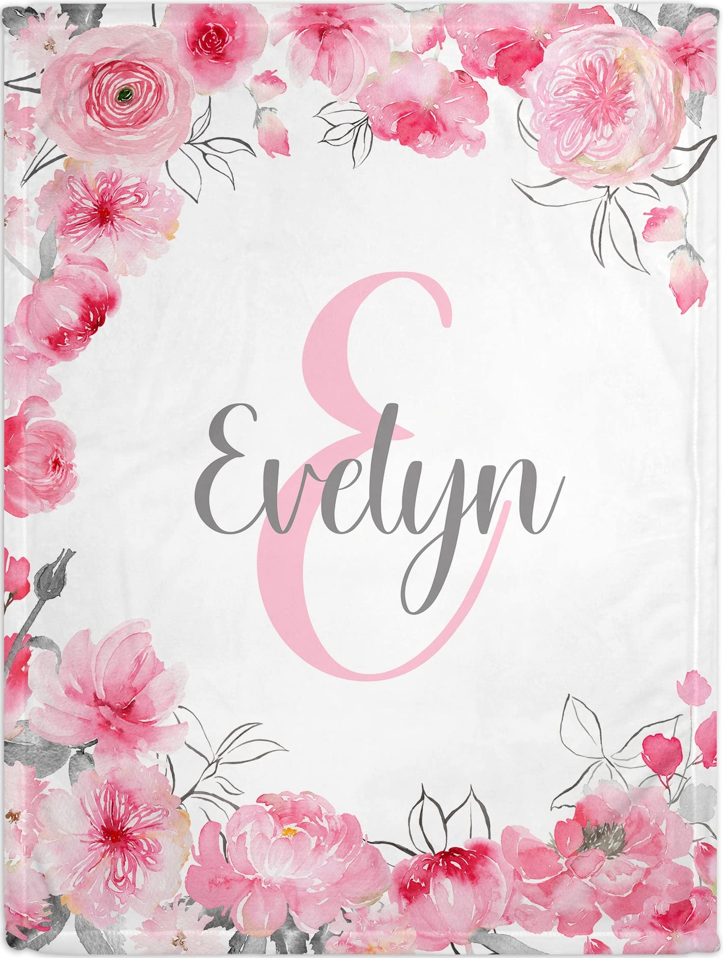 Custom Personalized Baby Blankets for Girls with Name - Pink & Gray Floral Monogram Blanket - Unique Baby Shower Gift for Newborn Girls | Nursery Decor, Christening Present, First Birthday Keepsake