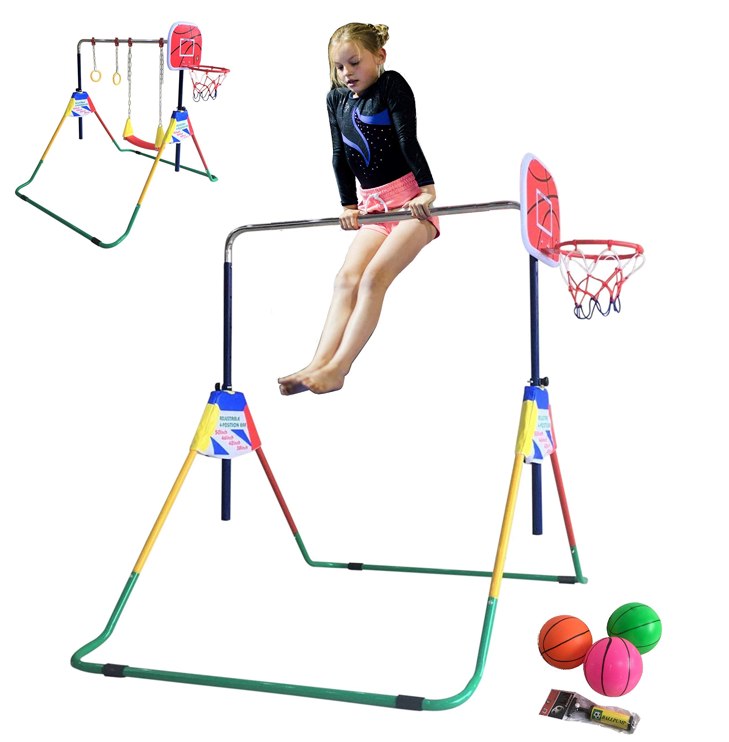 Expandable Monkey Bars for Kids - Gymnastics Training Set with 6Ft Balance Bar, 2Ft x 6Ft Gym Mat, Basketball Hoop, Swing Seat & Trapeze Rings - Indoor/Outdoor Play Equipment for Backyard, Park & Home Gym (Yellow & Red)