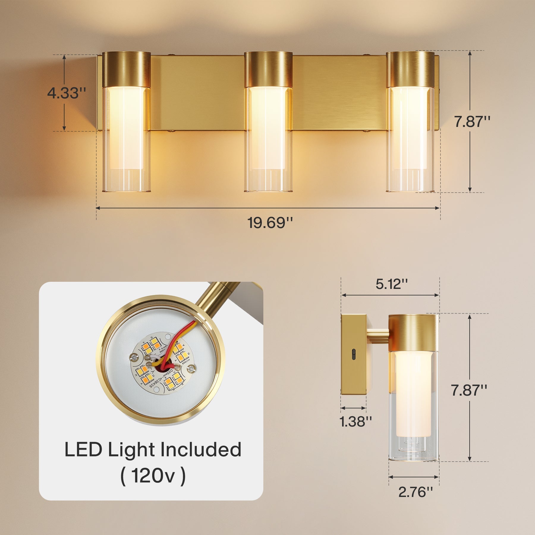 3-Light Modern Bathroom Vanity Wall Lights with Clear Glass Shades - Perfect for Bathroom, Powder Room & Dressing Room Lighting