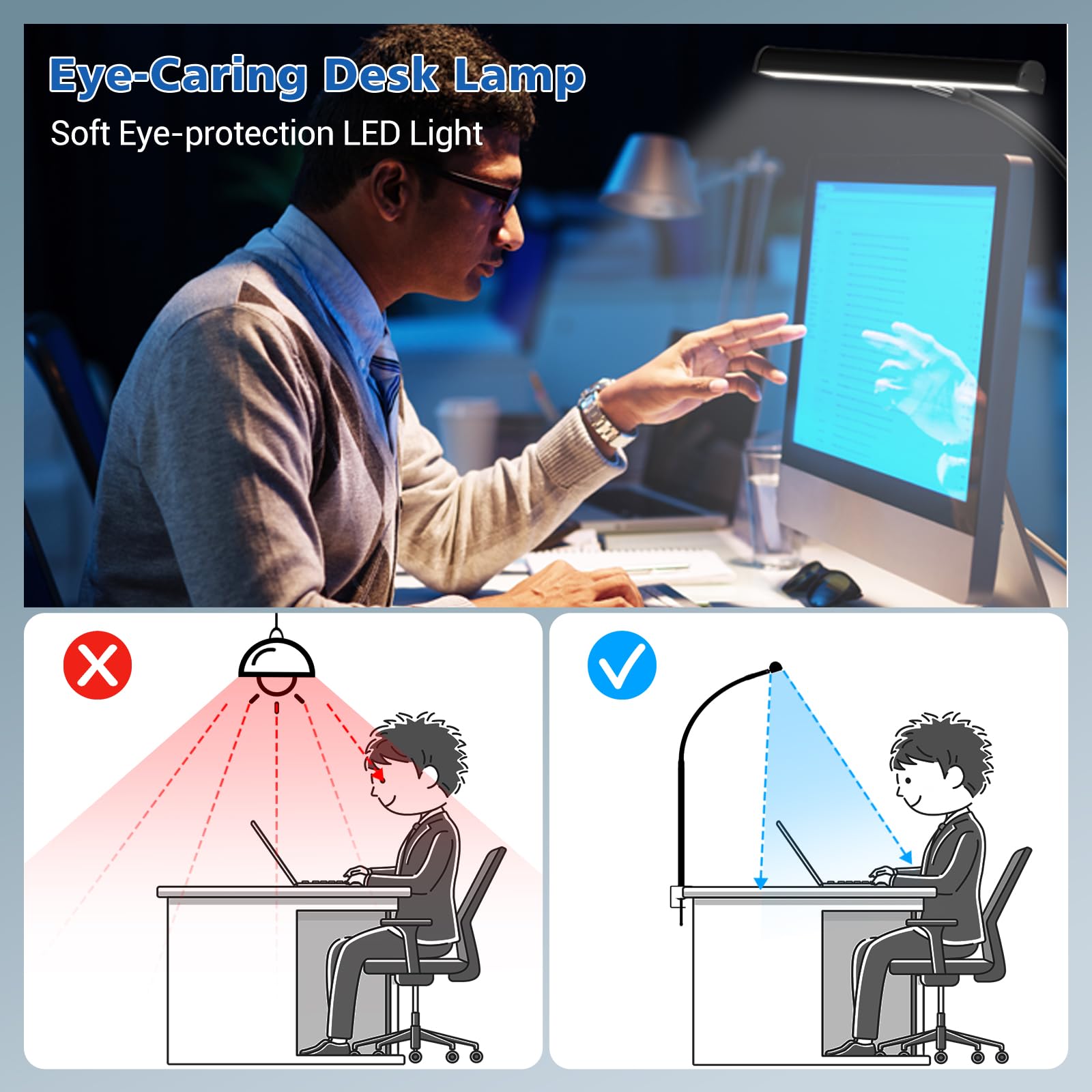 LED Desk Lamp with Clamp - Adjustable Gooseneck Eye-Caring Light for Home Office, 3 Modes & 10 Brightness Levels - Perfect for Studying, Reading, and Working