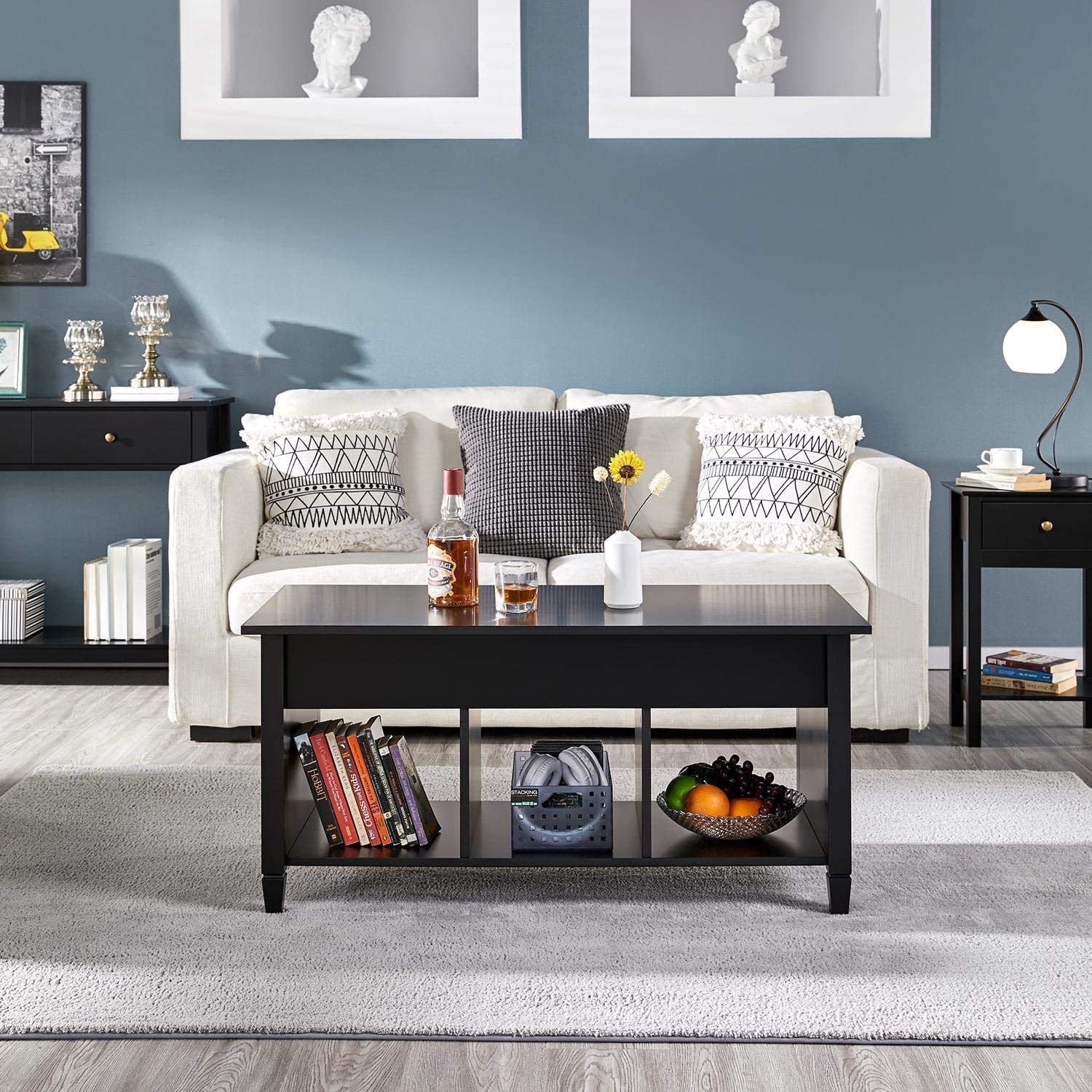Modern Lift Top Coffee Table with Hidden Storage Compartments - Solid Wood Lift Table for Living Room, Home Office - 3 Hidden Shelves for Organizing Books, Magazines & Remote Controls (Black) - Perfect for Small Spaces & Entertaining Guests