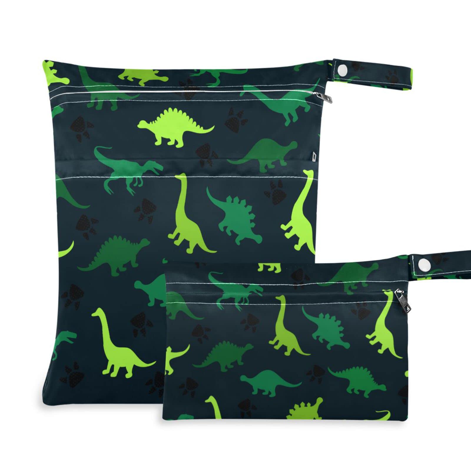 Dinosaur Wet Dry Bags 2-Pack - Waterproof Reusable Cloth Diaper Storage for Travel, Gym & Baby Essentials | Perfect for Diaper Bags, Swim Gear & Dirty Laundry Organization