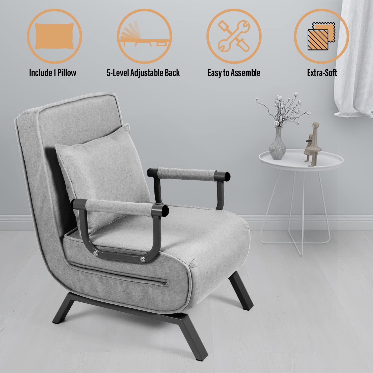 5-Position Convertible Sofa Bed with Removable Cover - Foldable Armchair Sleeper, Full Padded Lounger for Living Room, Guest Room & Home Office - Includes Comfort Pillow (Grey) - Perfect for Small Spaces, Overnight Guests & Multi-Functional Furniture Needs