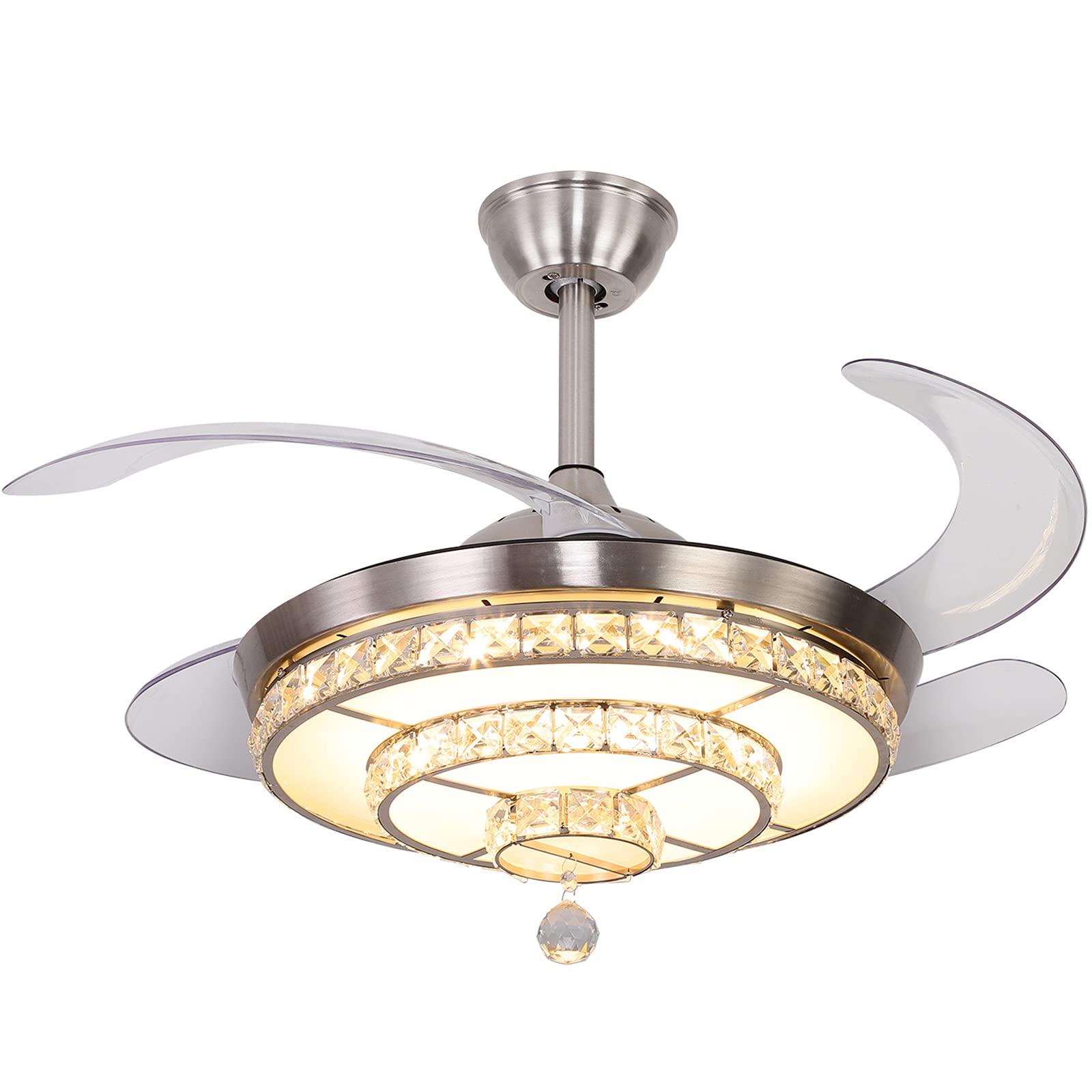 DNYSYSJ 42 Inch LED Crystal Chandelier Ceiling Fan with Remote - Dimmable, 3 Speeds & 3 Color Changing, Retractable Blades for Bedroom, Living Room, Hotel, Restaurant - Perfect for Home Decor and Commercial Lighting