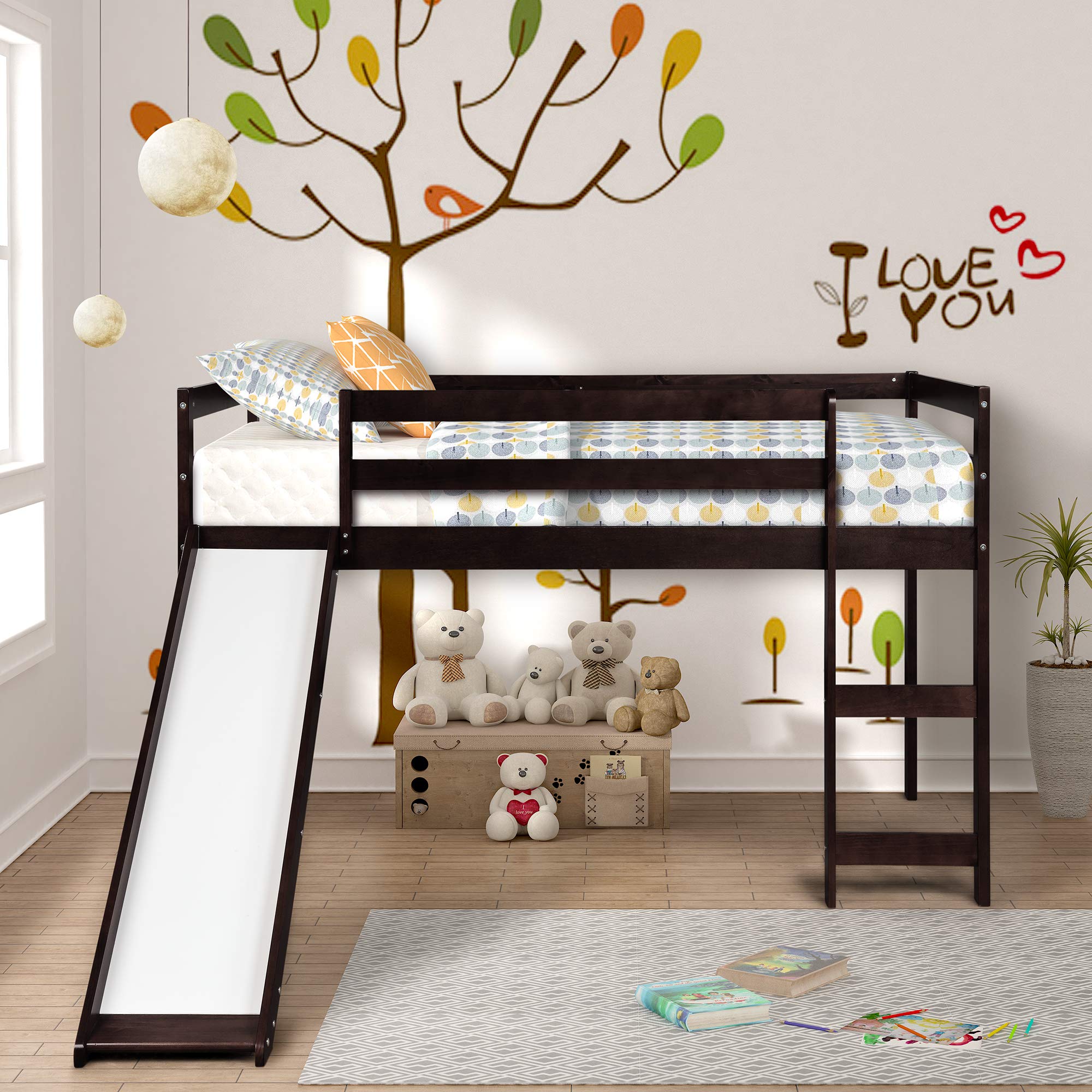 JULYFOX Twin Loft Bed with Slide for Kids - Solid Pine Wood Bunk Bed Frame with Ladder, Headboard & Guard Rails - No Box Spring Needed - Space-Saving Junior Bed for Teens & Small Rooms - Perfect for Bedrooms, Playrooms & Dormitories (Espresso)