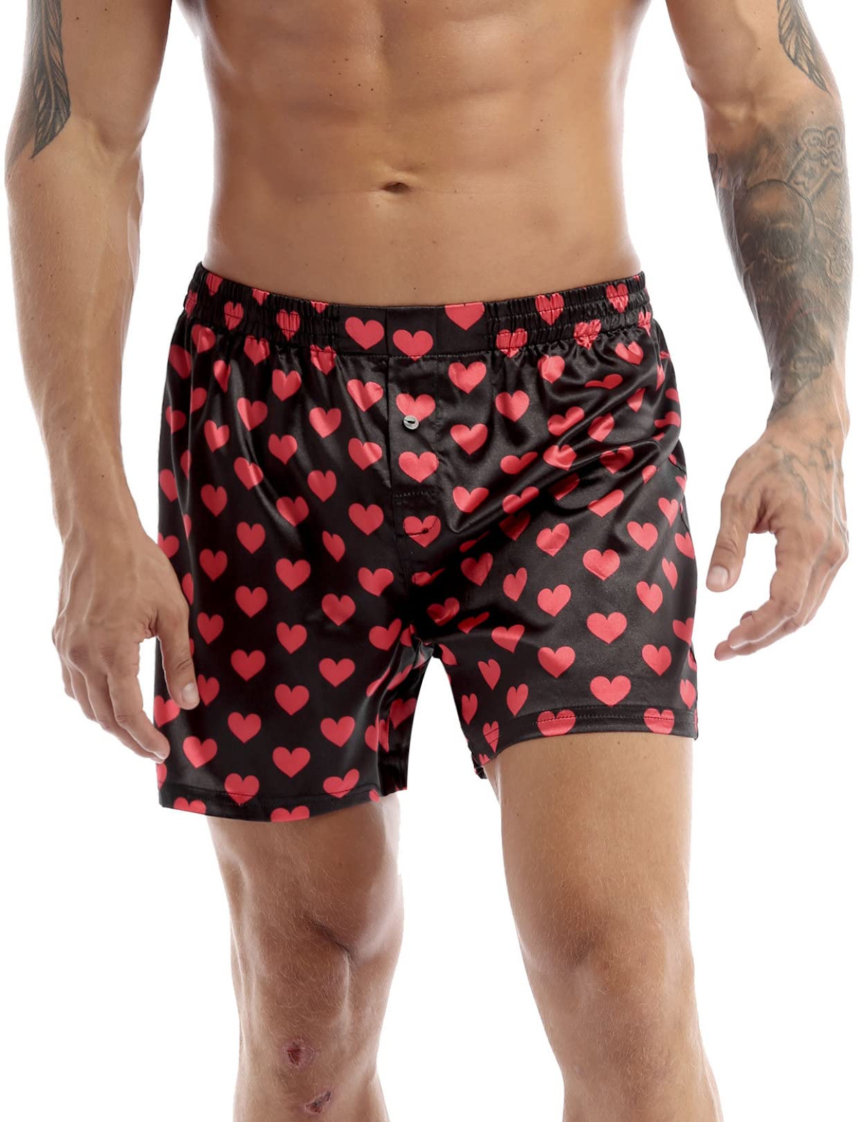 Men's Silk Satin Boxer Shorts - Heart Print Loose Fit Underwear for Sports & Lounge Wear - Comfortable Breathable Sleepwear & Casual Wear