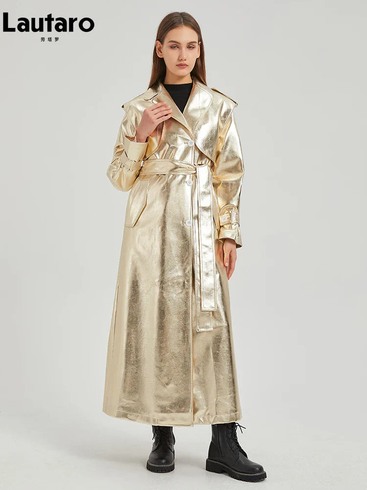 2024 Women's Extra Long Gold Shiny Patent PU Leather Trench Coat - Single Breasted Luxury Designer Overcoat for Fall & Winter | Perfect for Office Wear, Evening Events & Fashion Outings