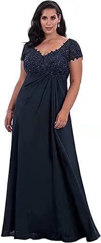 Elegant Plus Size Mother of The Bride Dresses with Sleeves - V-Neck Lace Chiffon A-Line Formal Evening Gown for Wedding, Party & Special Occasions