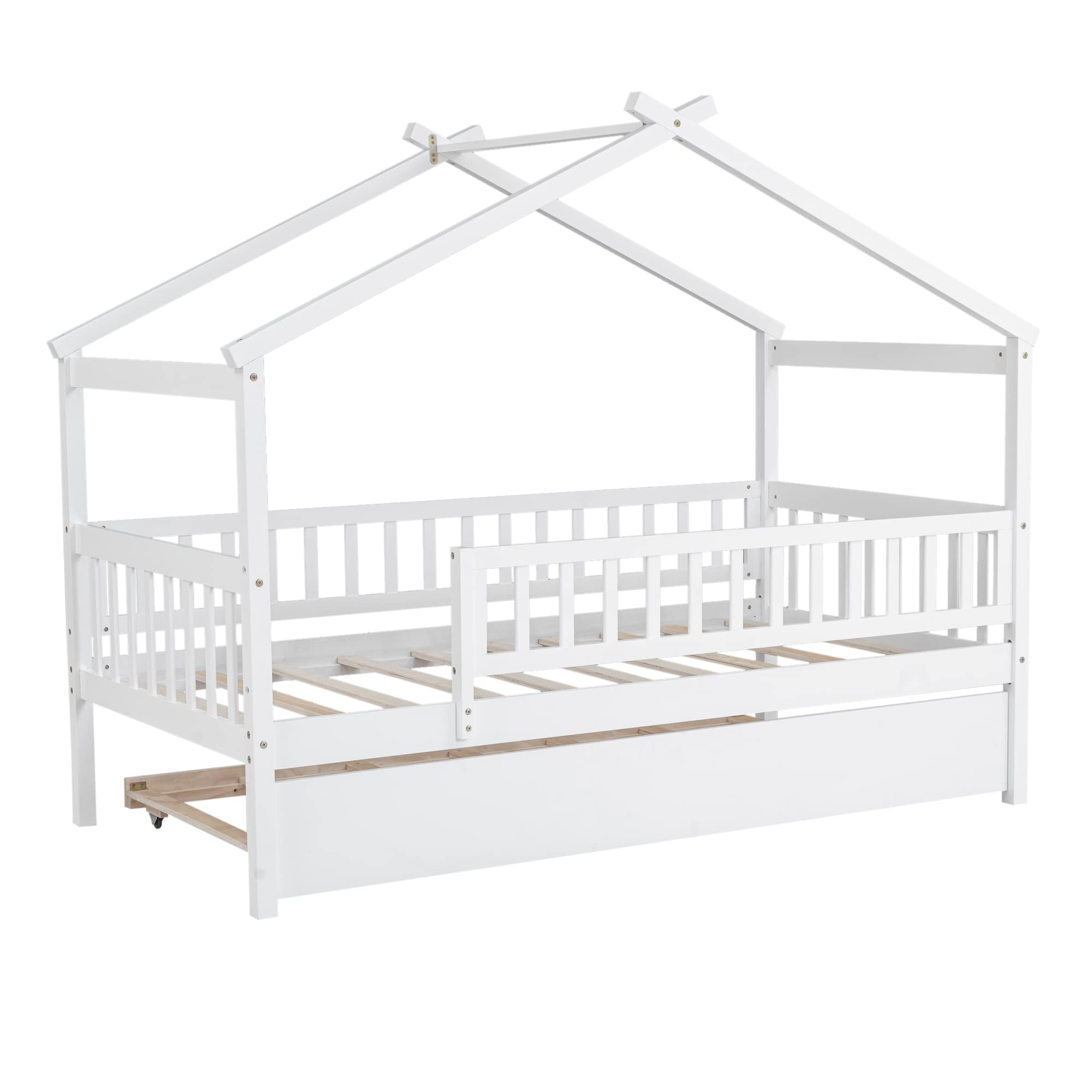 Harper & Bright Designs Twin Size Wooden House Bed with Trundle - Kids Bed Frame with Roof & Fence Design for Boys & Girls - Perfect for Bedrooms, Playrooms & Sleepovers (White)