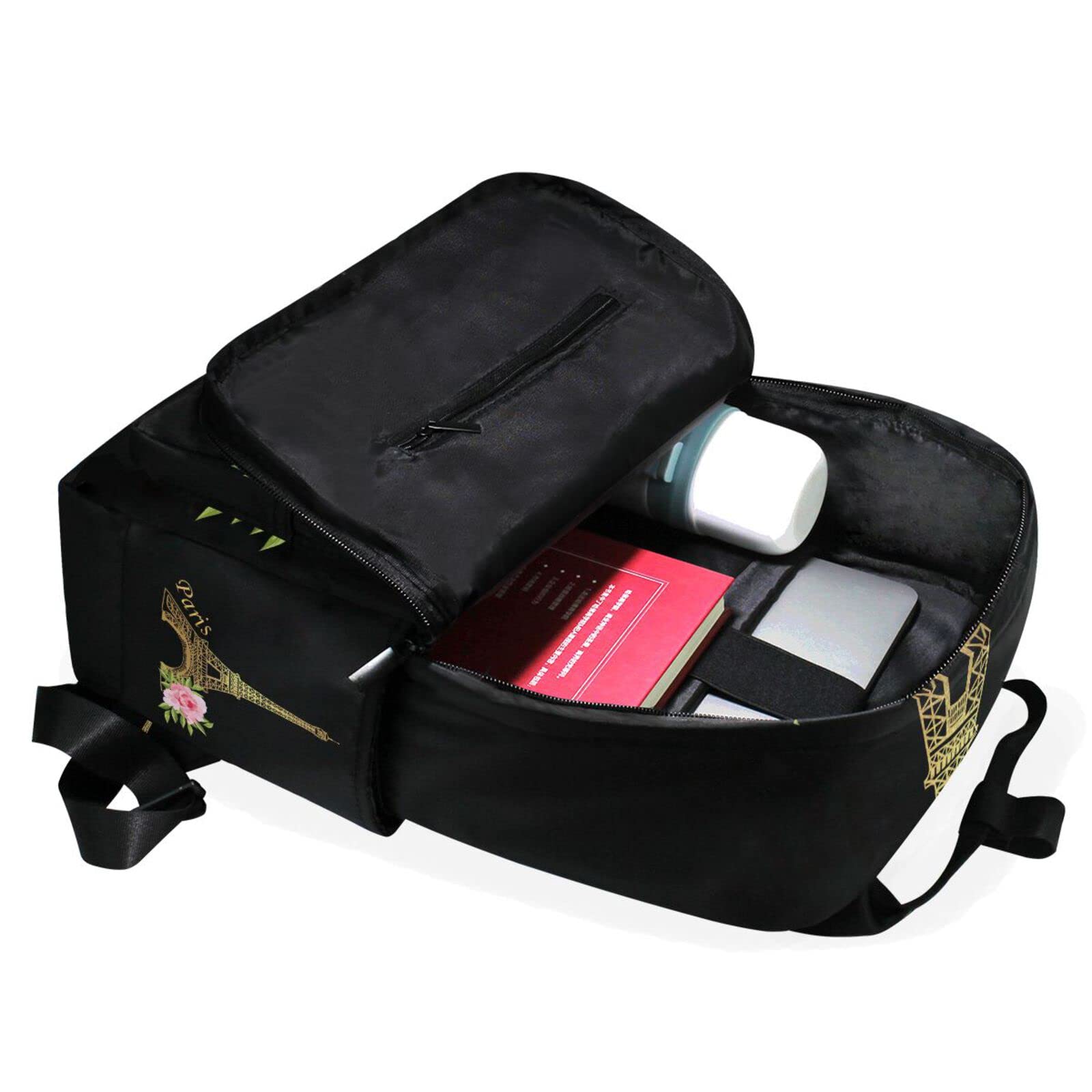 Stylish Paris Eiffel Tower Floral Laptop Backpack - Waterproof Tote Shoulder Bag for Women & Men, Perfect for Work, Gym, Travel & Daily Commute | Black Gold Rose Design with Spacious Compartments