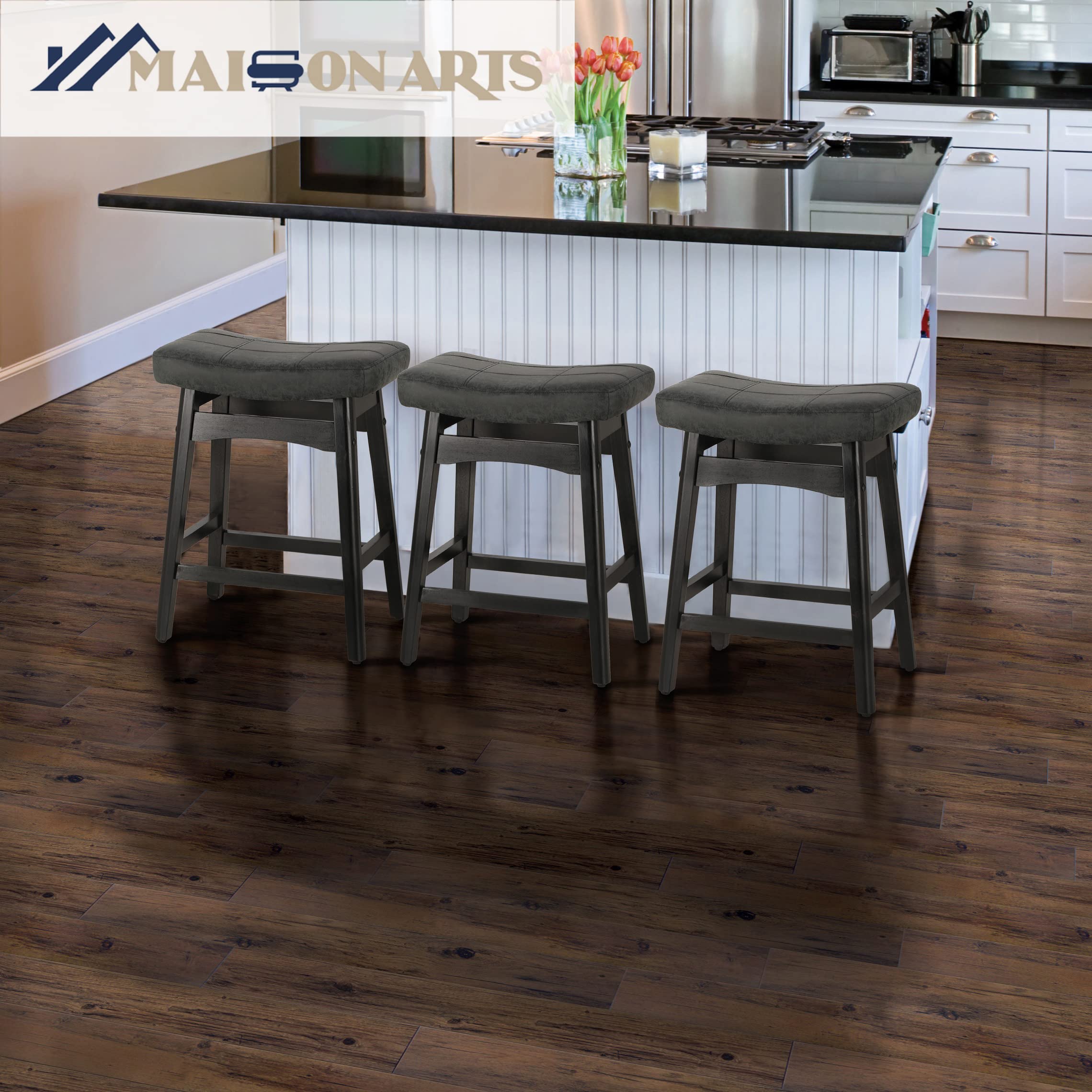 MAISON ARTS Set of 3 Black Counter Height Bar Stools - Solid Wood Legs & Faux Leather Saddle Seat - 24in Height for 34