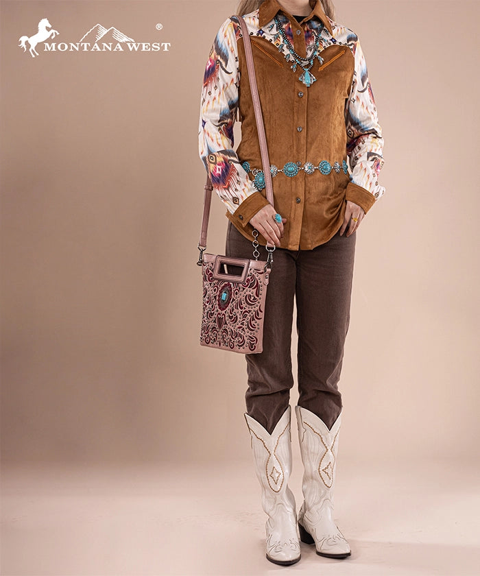 Montana West Embroidered Crossbody Bag for Women - Stylish Cut-Out Design, Perfect for Travel, Shopping & Everyday Use