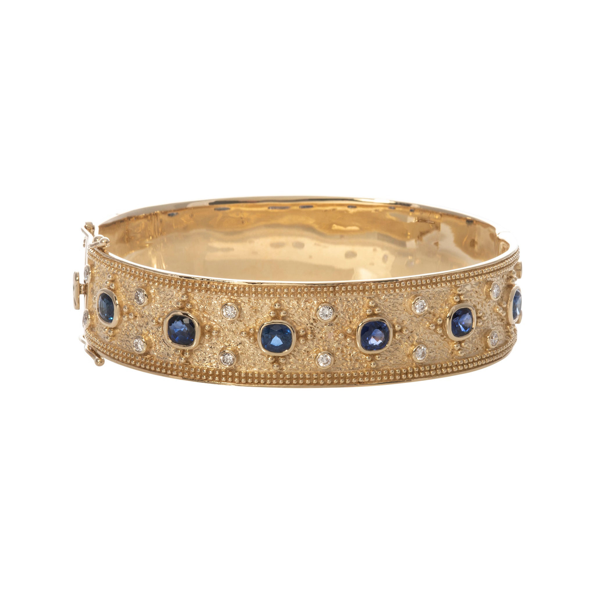Etruscan Style Cushion Sapphire & Diamond 14K Gold Bangle Bracelet - Luxury Vintage Jewelry for Women - Perfect for Weddings, Parties & Special Occasions