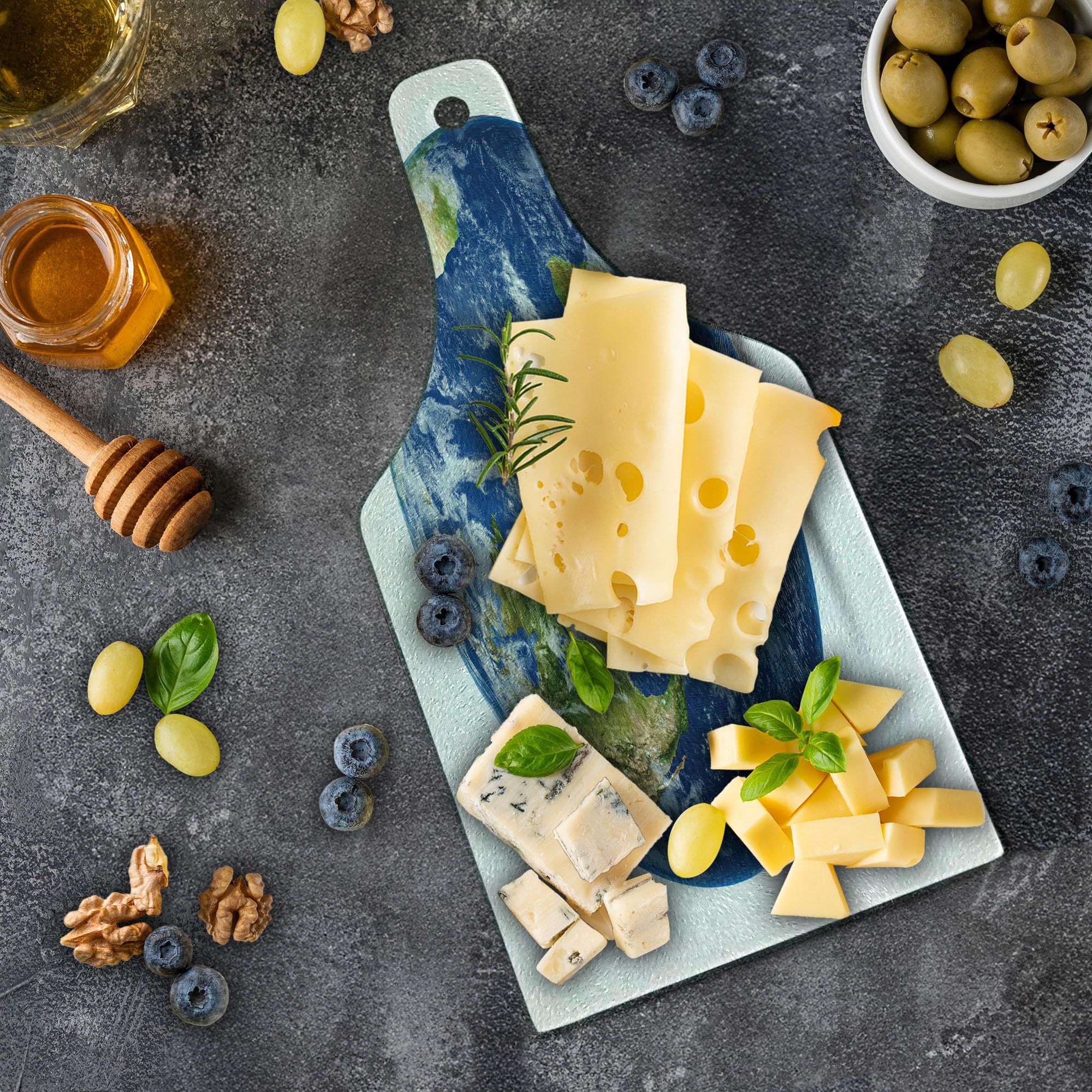 Lunarable World Map Cutting Board - Satellite View of Planet Earth with Continents & Clouds - Decorative Tempered Glass Serving Board for Kitchen & Dining - Wine Bottle Shaped in Navy Blue, Green & White - Perfect for Entertaining, Gift Giving & Home Decor