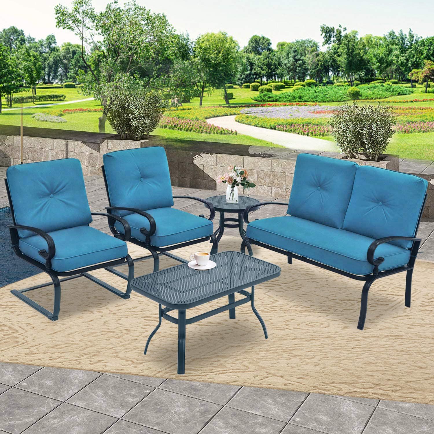 SOLAURA 5-Piece Outdoor Patio Furniture Set - Wrought Iron Loveseat & Spring Chairs - Peacock Blue - Perfect for Garden, Backyard, Poolside & Outdoor Relaxation