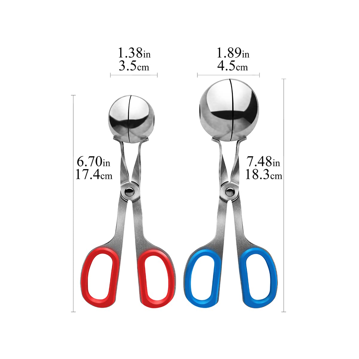 2-Pack Non-Stick Meatball Maker Tongs with Detachable Anti-Slip Handles - Stainless Steel Meatball Scoop Tool with Red & Blue Rubber Grips for Easy Homemade Meatballs, Meatball Soup & Italian Cooking