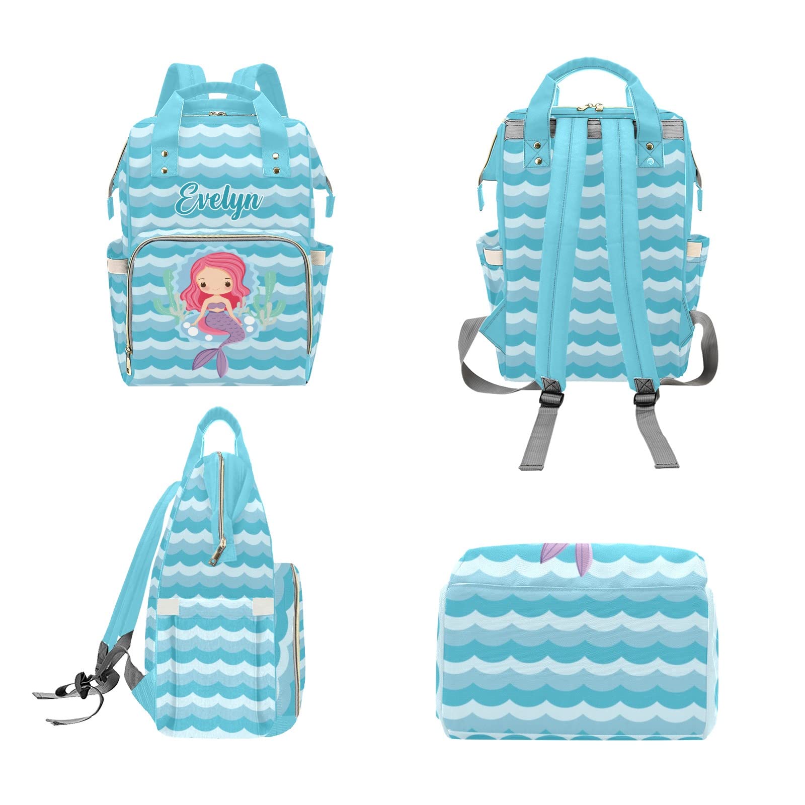 Custom Mermaid Blue Diaper Bag Backpack & Tote - Personalized Baby Shower Gift for Moms - Perfect for Travel, Daycare & On-the-Go Parenting