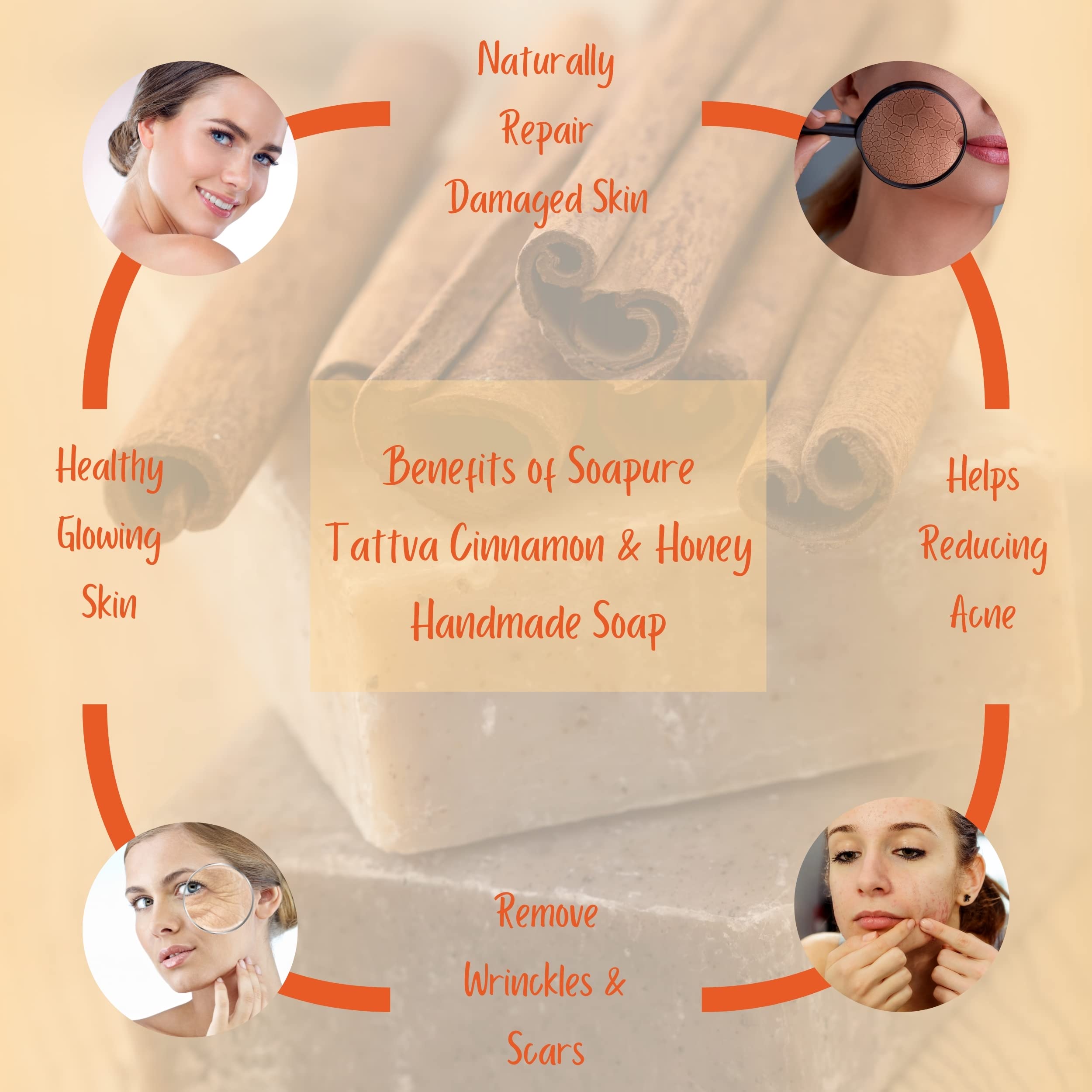 Soapure Tattva Cinnamon Honey Herbal Handmade Soap with Almond Oil - Natural Aroma for Fresh & Healthy Skin - 125g Bar Soap - Perfect for Daily Cleansing, Gift Sets & Spa Relaxation