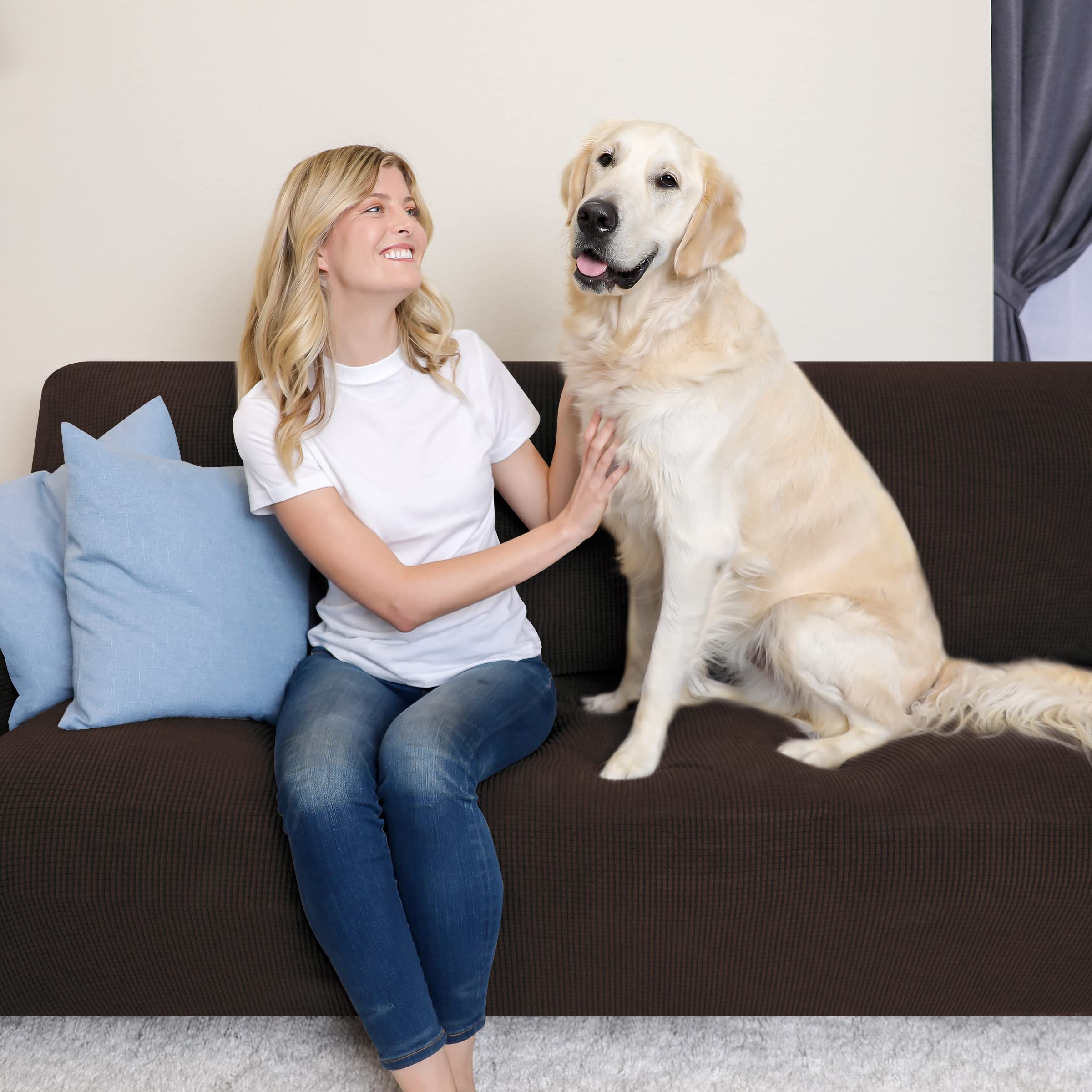 SUBRTEX Stretch Sofa Slipcover - 2 Piece Washable Jacquard Fabric Couch Cover for 3 Seater Sofa, Soft Furniture Protector with Small Check Pattern (Chocolate) | Perfect for Living Room, Family Room & Home Decor