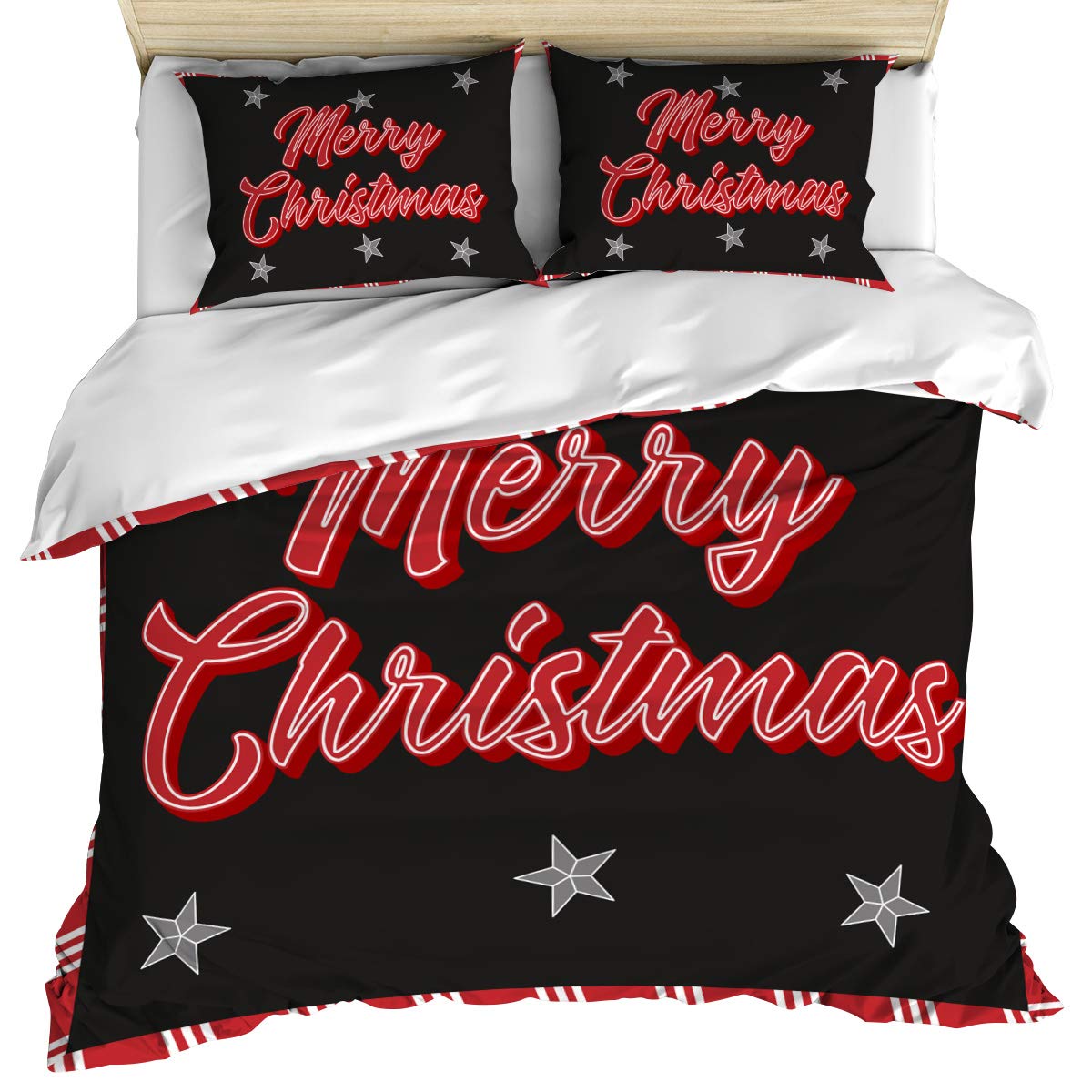 Luxury King Size Duvet Cover Set - 3 Piece Buffalo Plaid Farmhouse Christmas Bedding with Star Design, Soft Cotton Quilt Cover & Pillow Shams, Machine Washable - Cozy Holiday Bedroom Decor for Winter Season