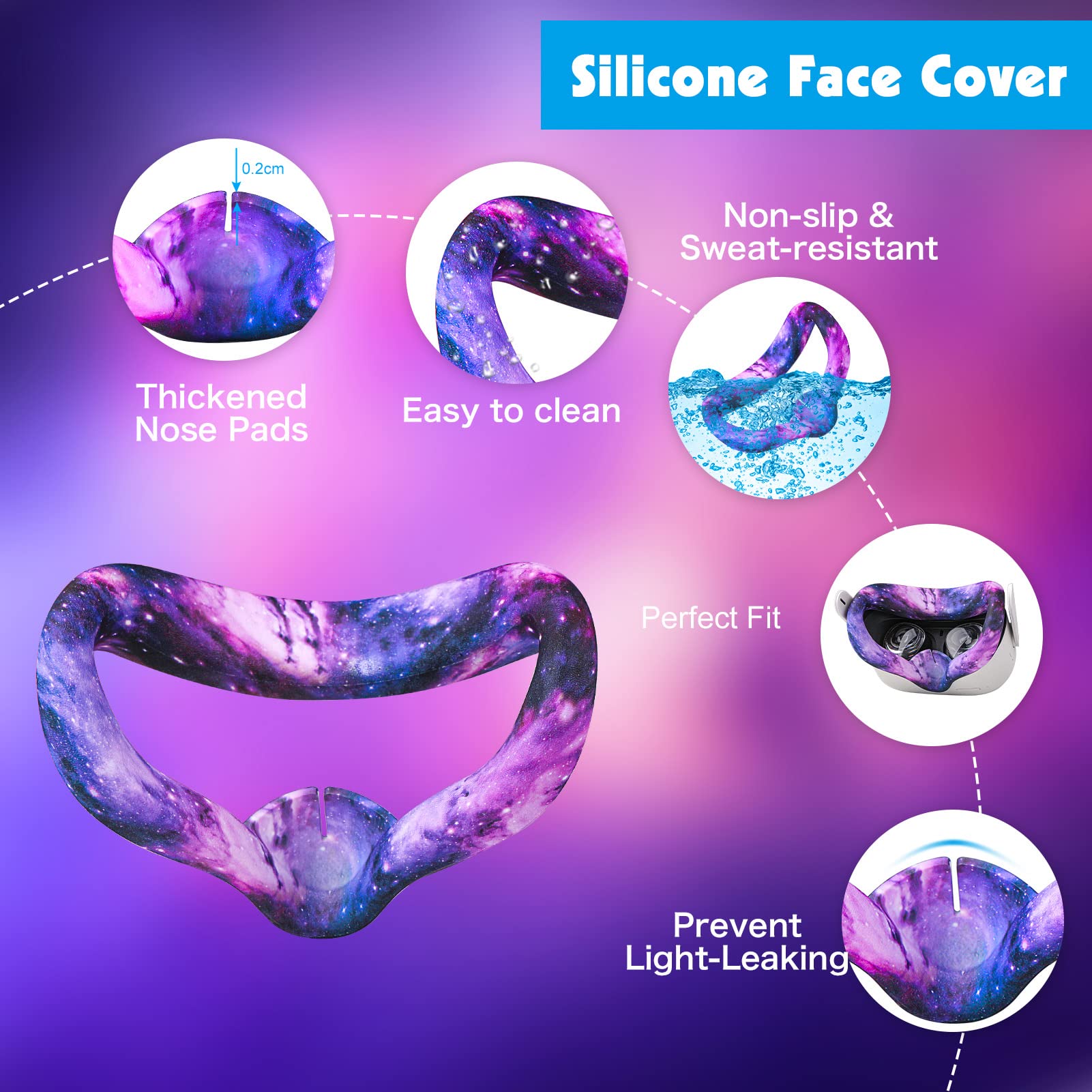 Relohas VR Accessories Kit for Oculus Quest 2/Meta Quest 2 - Controller Grip Covers, Shell Protector & Face Cushion - Comfortable Gaming Gear for Virtual Reality - Perfect Gift for Christmas, Halloween & Gamers (Galaxy Purple) - Enhance Your VR Experience for Beat Saber, Superhot & Fitness Games