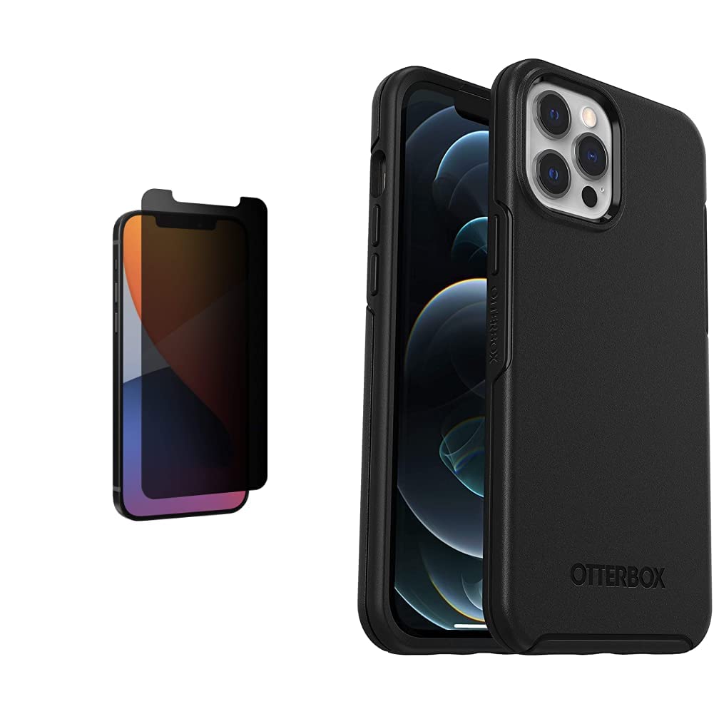 ZAGG InvisibleShield Glass Elite Privacy+ Screen Protector & OtterBox Symmetry Series Case for iPhone 12 Pro Max (6.7 Inch) - Black | Anti-Spy Tempered Glass & Shockproof Phone Cover | Perfect for Work, Travel & Daily Protection