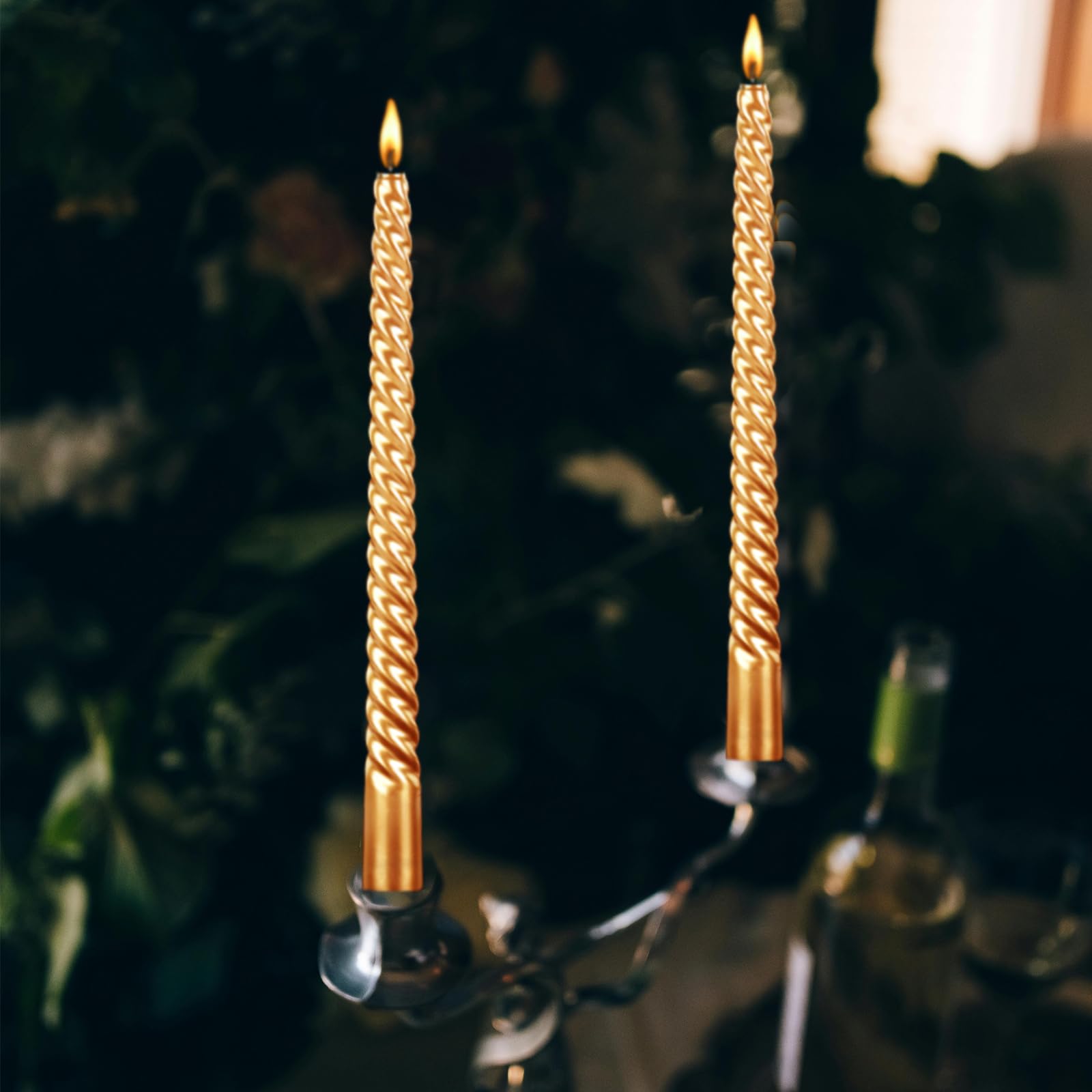 10 Inch Tall Spiral Taper Candles - Set of 12 Long-Lasting (8 Hours) Unscented, Smokeless Tapered Candles - 25cm Golden Candlesticks for Elegant Home Dinners, Romantic Weddings, Halloween Decor & Special Occasions