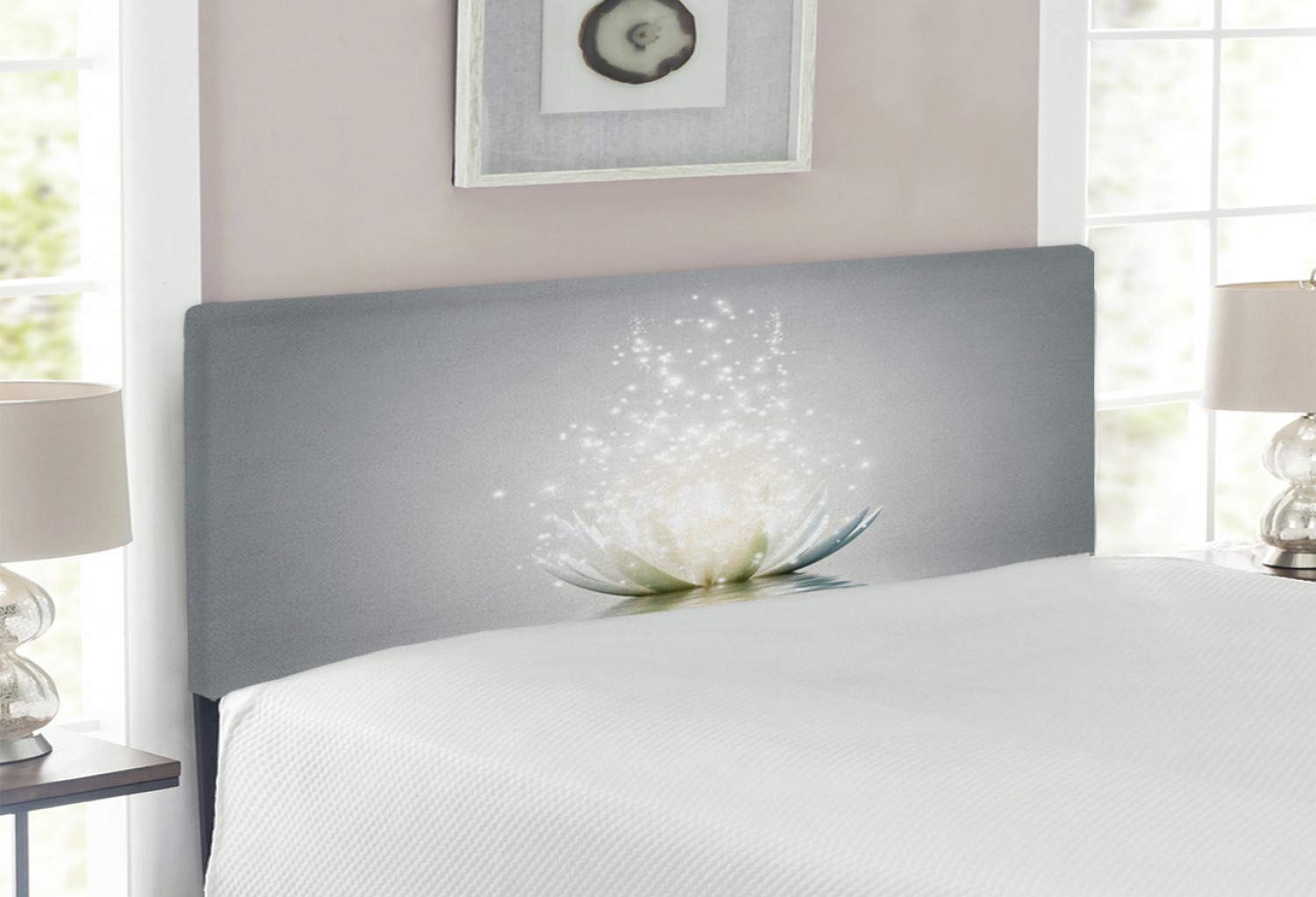 Lunarable Lotus Headboard - Boho Inspired Upholstered Decorative Metal Bed Frame with Memory Foam, Full Size in Pale Green & Grey | Exotic Water Lily Design for Bedroom Decor, Meditation Room & Zen Retreat