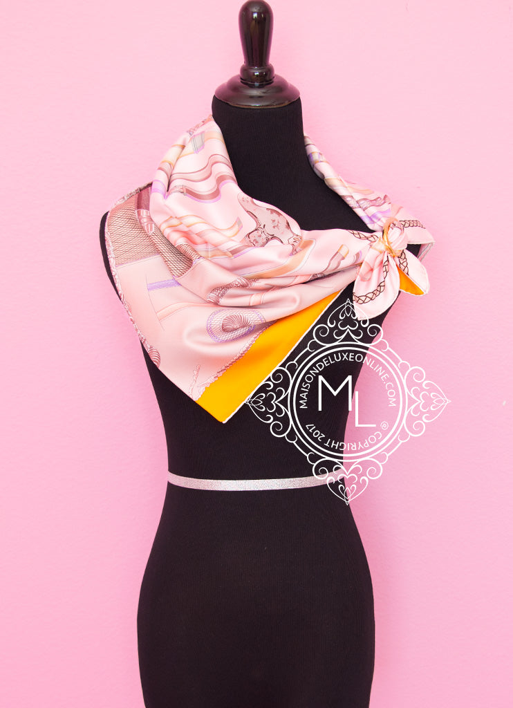 Hermes Pink Orange Twill Silk Scarf 90cm - Cannes et Cannes Design - Luxury Fashion Accessory for Women, Perfect for Gifts, Parties and Special Occasions