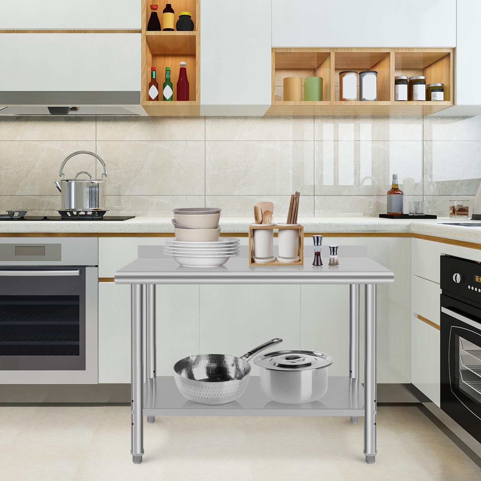 48x24x35 Inch Stainless Steel Commercial Prep Table with Backsplash - Heavy Duty Metal Kitchen Work Table for Restaurant, Home & Hotel Use - Perfect for Food Prep, Cooking & Baking