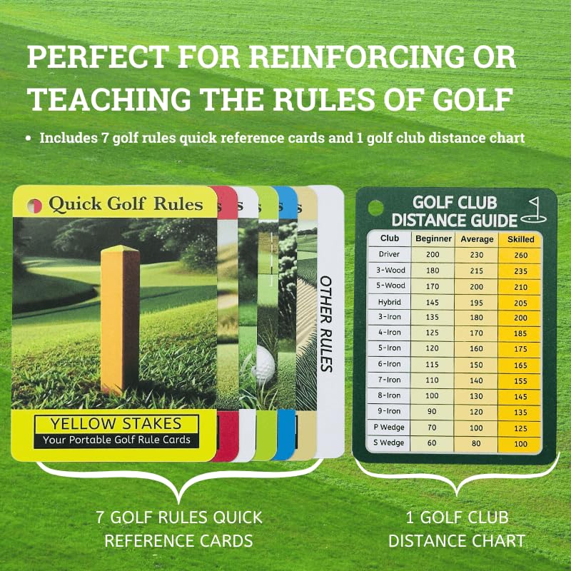 2024 Golf Rules Quick Reference & Golf Club Range Cards (8-Pack) | Pocket-Size Golf Rules Guide | Golf Distance Chart & Training Aid | Perfect for Golf Bags, On-Course Reference & Men's Golf Accessories