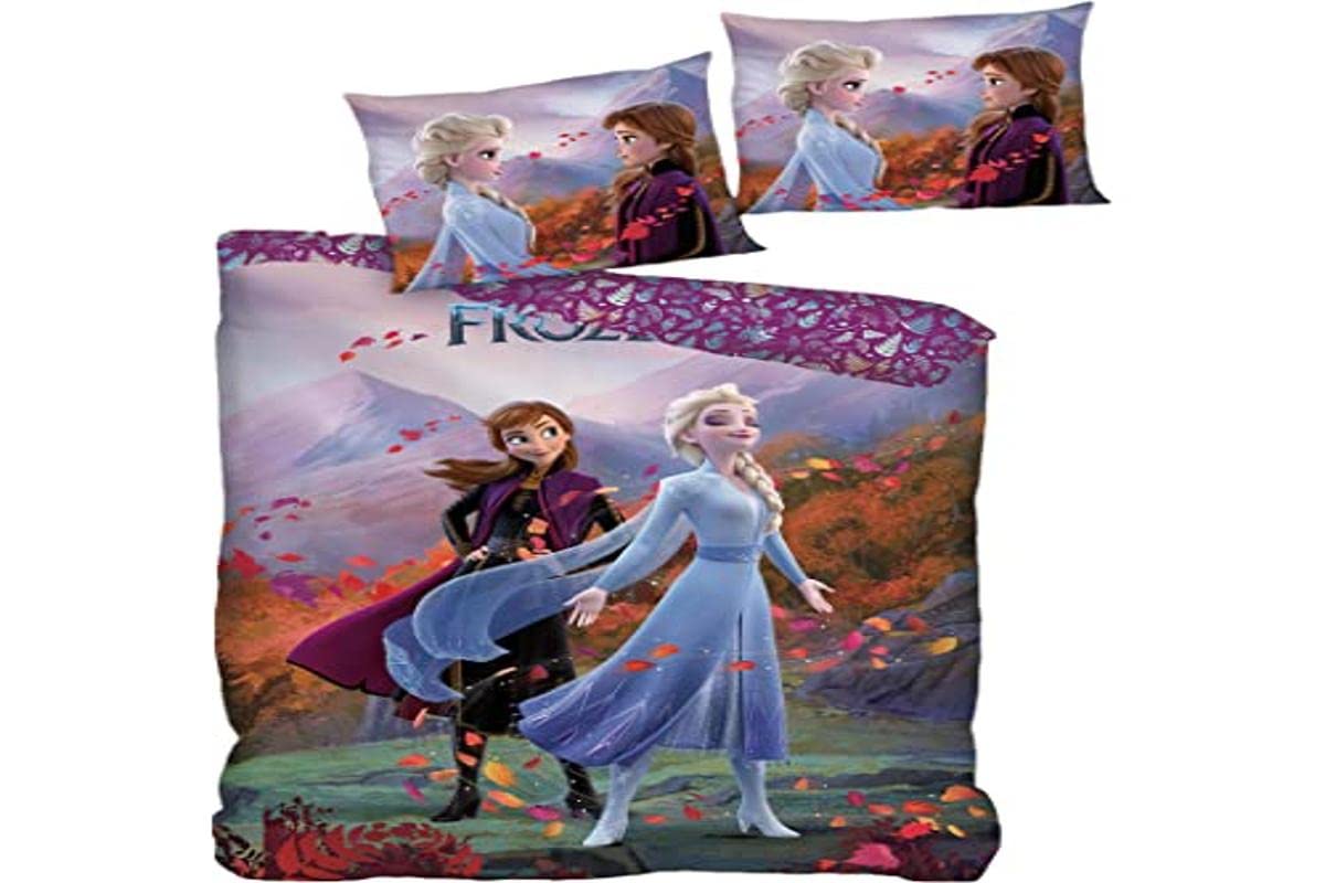 Frozen 2 Kids Bedding Set - Disney Princess Elsa Anna Duvet Cover 140x200cm + Pillowcase 63x63cm - Soft Cotton Bed Linen for Girls Room Decor & Birthday Gift