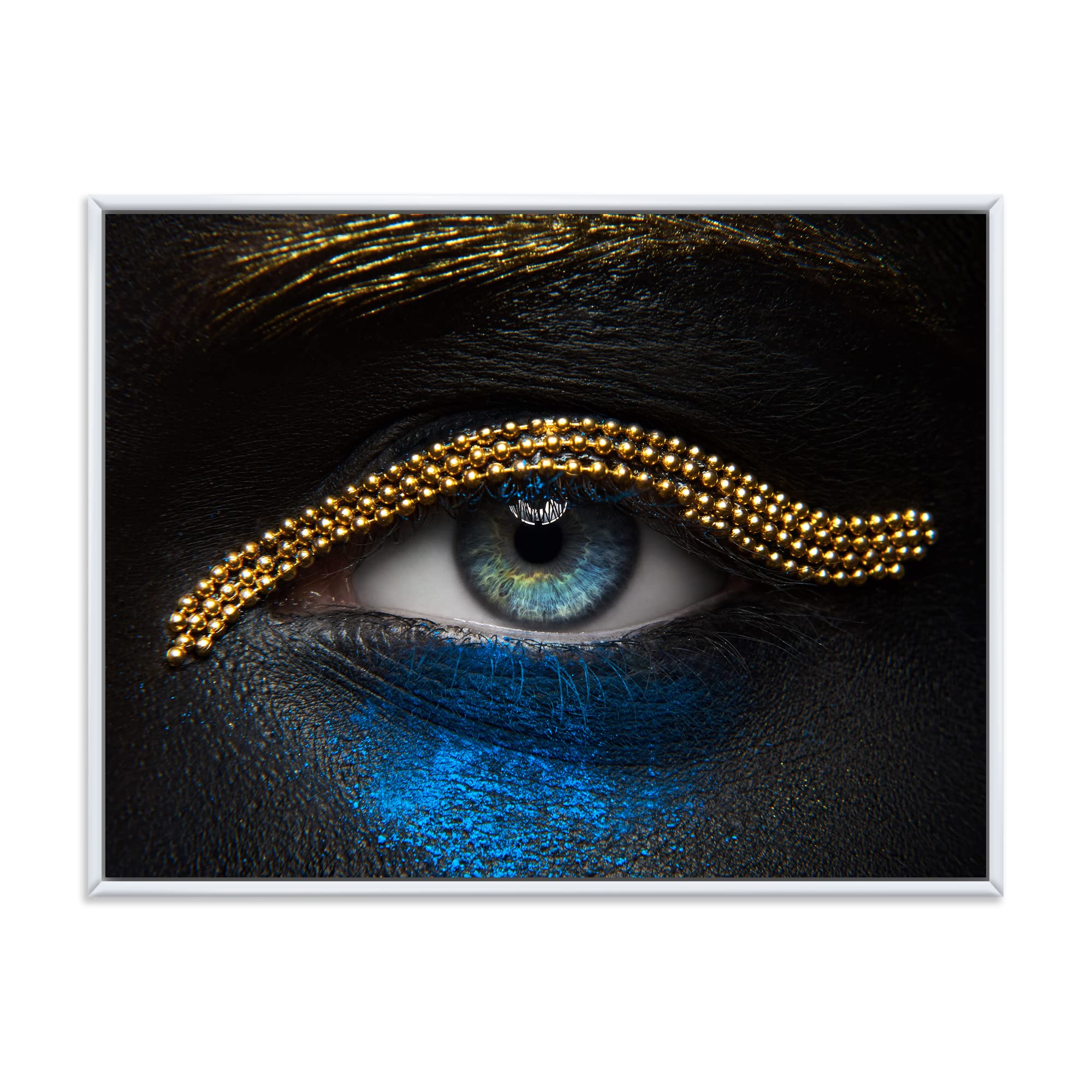 DesignQ Modern Framed Canvas Wall Art - Gold Chain & Blue Pigment Woman Eyes Painting - Perfect for Living Room, Bedroom & Office Decor