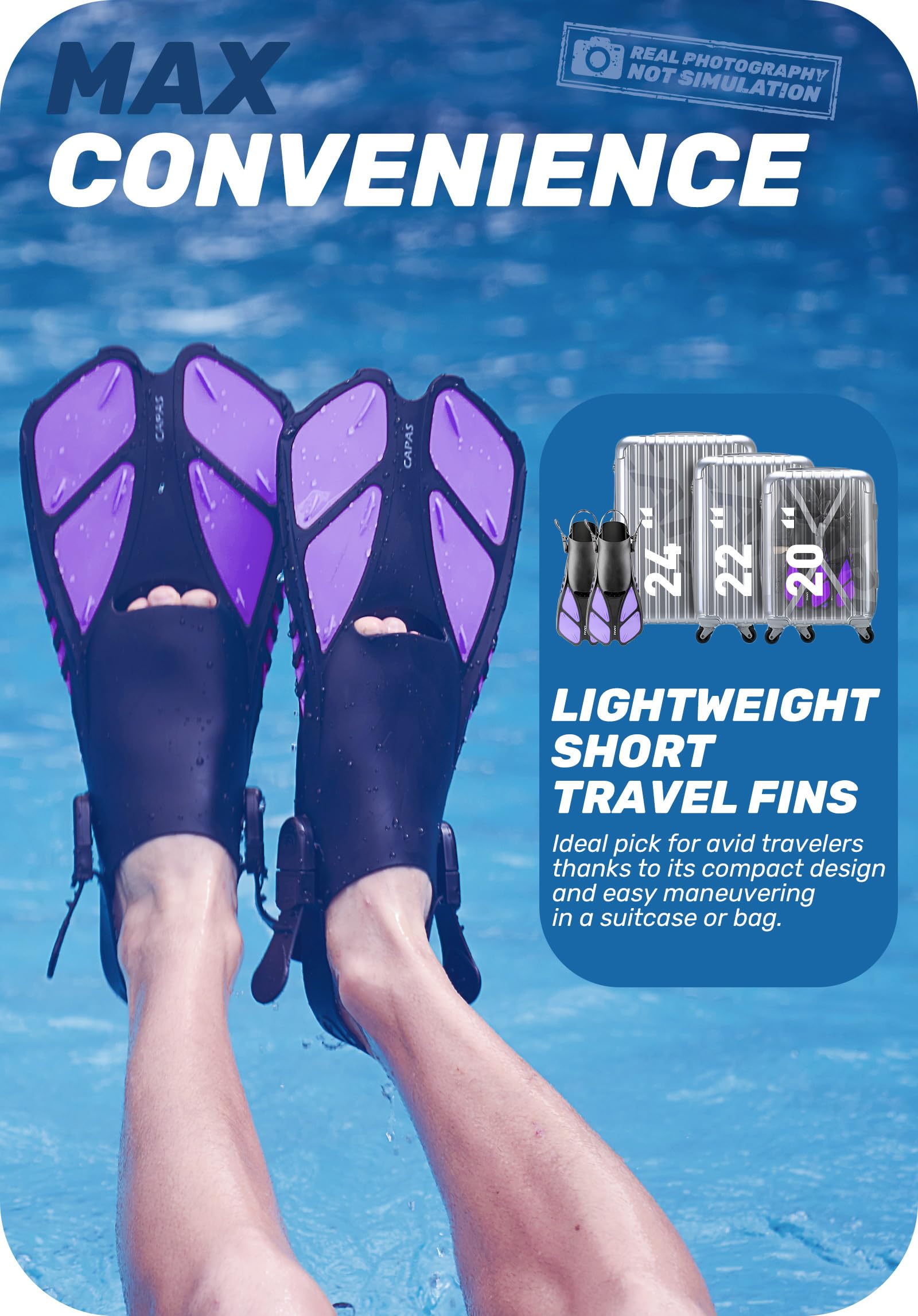 **CAPAS Snorkel Fins - Adjustable Travel Size Swim Fins for Adults, Men, Women & Kids - Open Heel Swimming Flippers for Snorkeling, Diving & Beach Fun**    *(Perfect for Tropical Vacations, Pool Parties & Underwater Adventures!)*