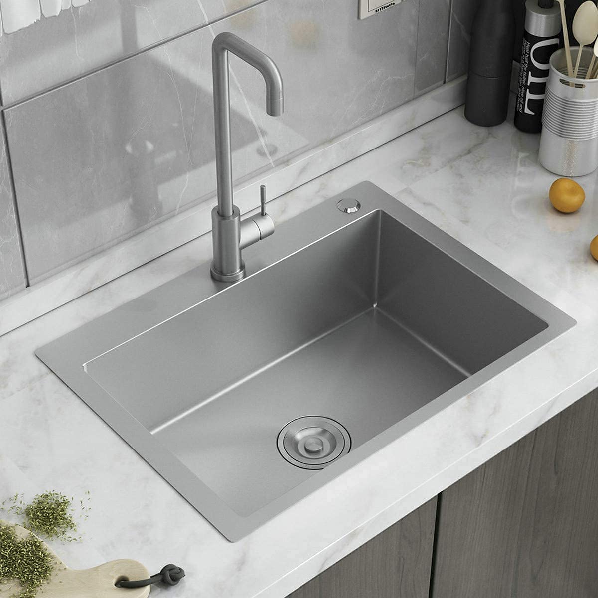 24Inx18In Stainless Steel Kitchen Sink - 12 Gauge Brushed Single Bowl Drop-in/Top-Mount with Faucet & Drain Kit (Model BS29) - Perfect for Small Kitchens, Apartments & RV Remodels