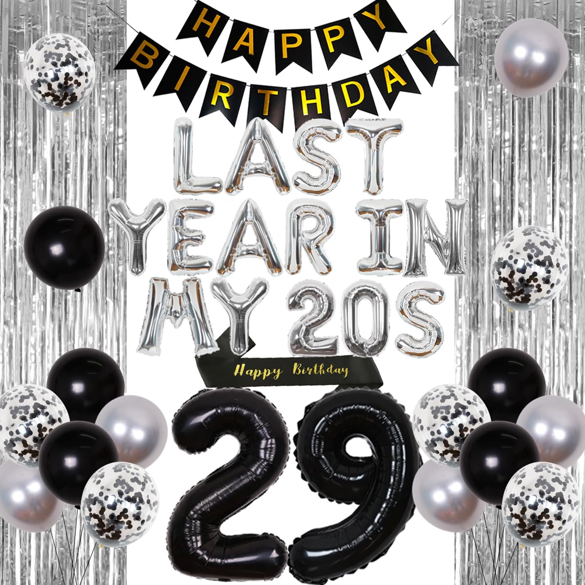 JOYMEMO 29th Birthday Party Decorations Set for Men & Women - Silver 'Last Year in My 20s' Banner, Whiskey Theme Balloons, Number 29 Foil Balloons & Birthday Sash - Perfect for 29th Birthday Celebrations, Milestone Parties & Adult Whiskey-Themed Events