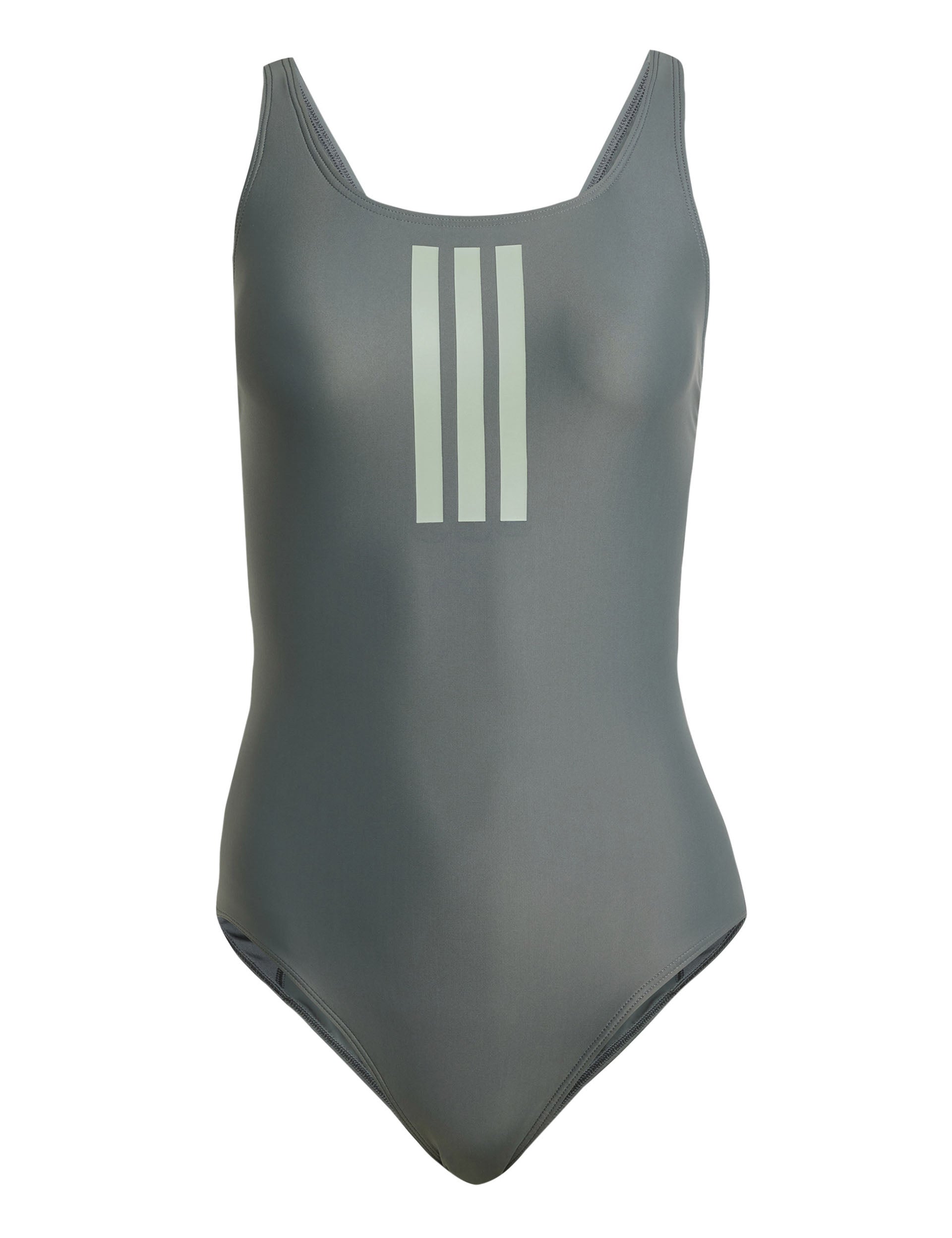 3 Stripes V Back Swimsuit for Women - Legend Ivy/Silver Green - High Waisted Bikini Bottom & Supportive Swimwear for Beach, Pool & Summer Vacation