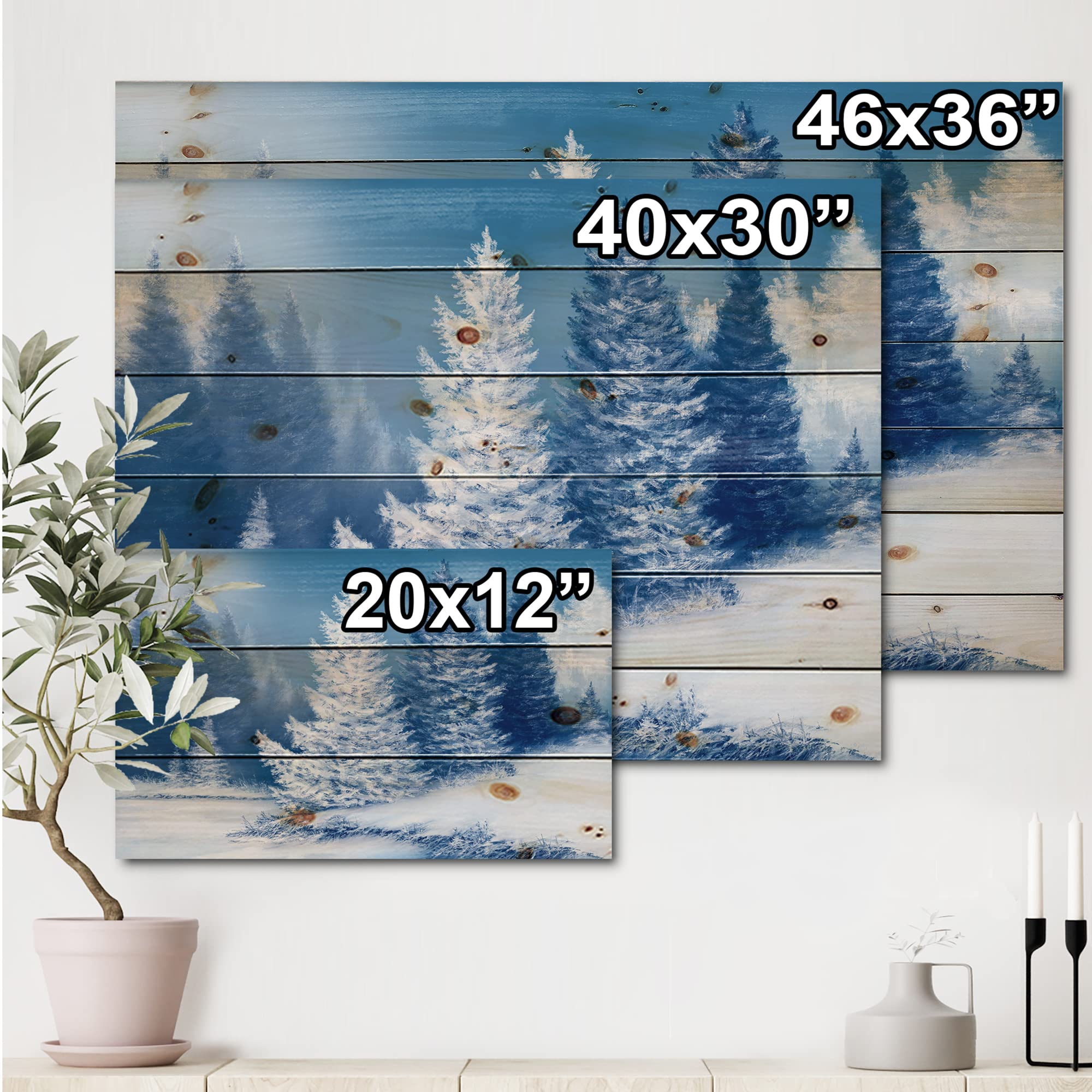 Dreamlike Spruce Forest Wood Wall Art - Snowy Lake House Decor for Living Room