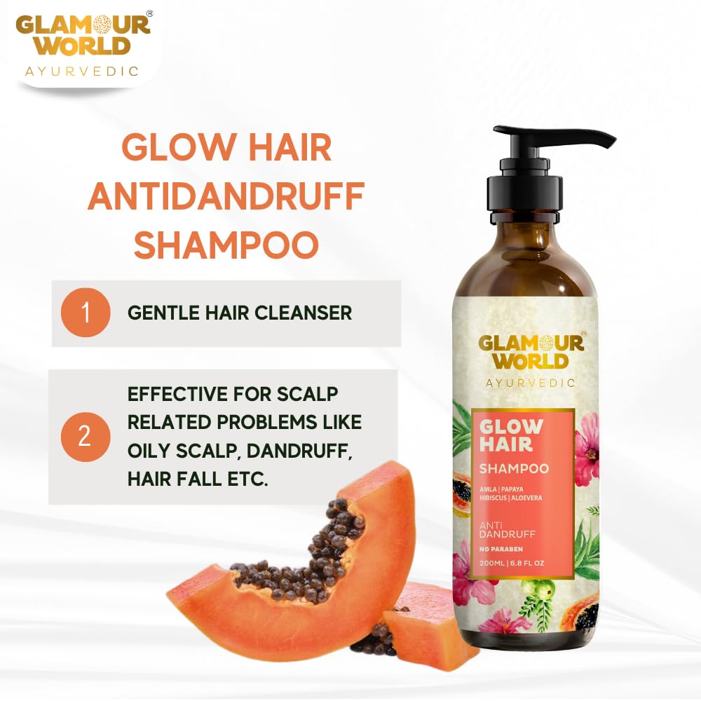 Glamour World Ayurvedic Glow Hair Shampoo for Dandruff Control - Natural Anti-Hair Fall Treatment with Reetha, Papaya & Hibiscus | Oily Scalp Solution | Jasmine Oil Enriched | Perfect for Daily Hair Care & Scalp Health Maintenance