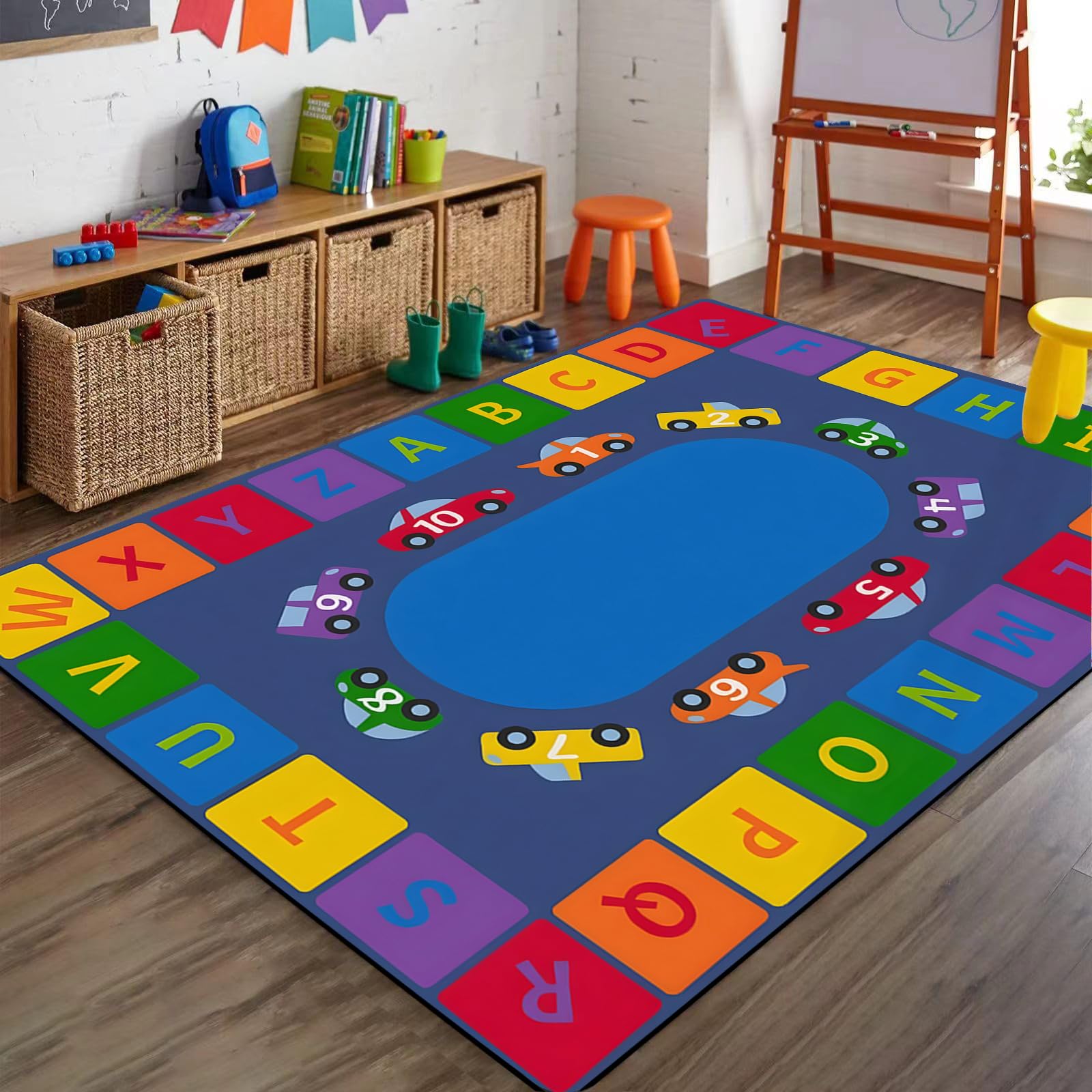 ABC Rainbow Oval Living Rug 5x8ft - Cartoon Car ABC 123 Kids Rug with Non-Slip Backing | Low Pile No Crease Indoor Play Mat for Kindergarten, Nursery & Study Room | Perfect for Learning, Playtime & Room Decor
