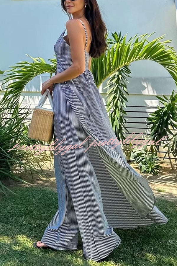 Women's Striped Print Sleeveless Long Casual Top & Loose Straight Pants Set - Summer Beach Outfit, Vacation Wear, Boho Chic Lounge Ensemble