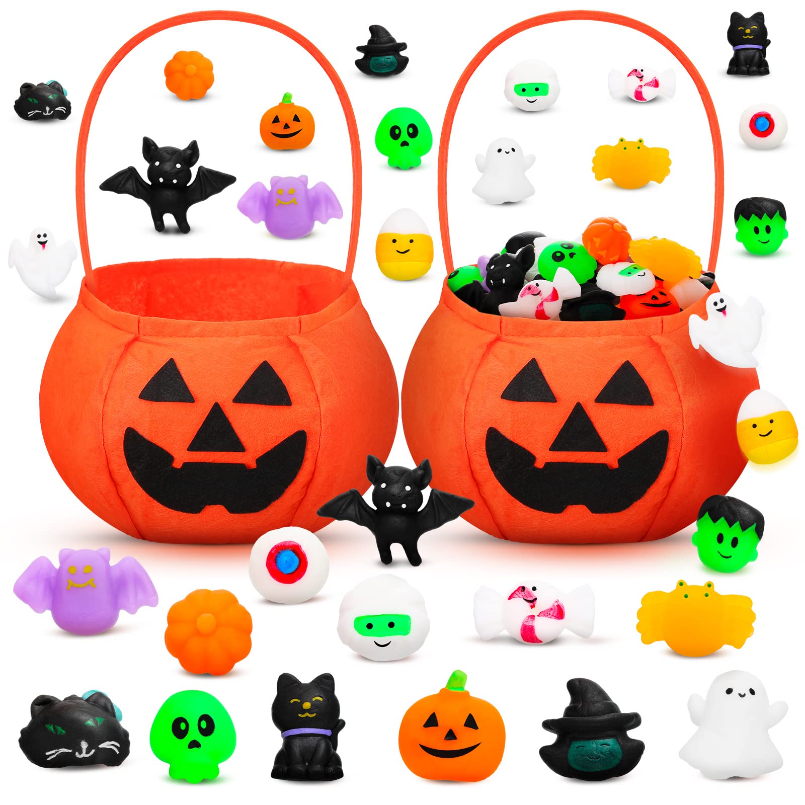 Meanplan 34 Pcs Halloween Squeeze Toys Set with Pumpkin Bucket - Stress Relief Party Favors, Trick or Treat Goodie Bag Fillers for Kids & Adults - Perfect for Halloween Parties, Classroom Treats & Festive Gift Giving
