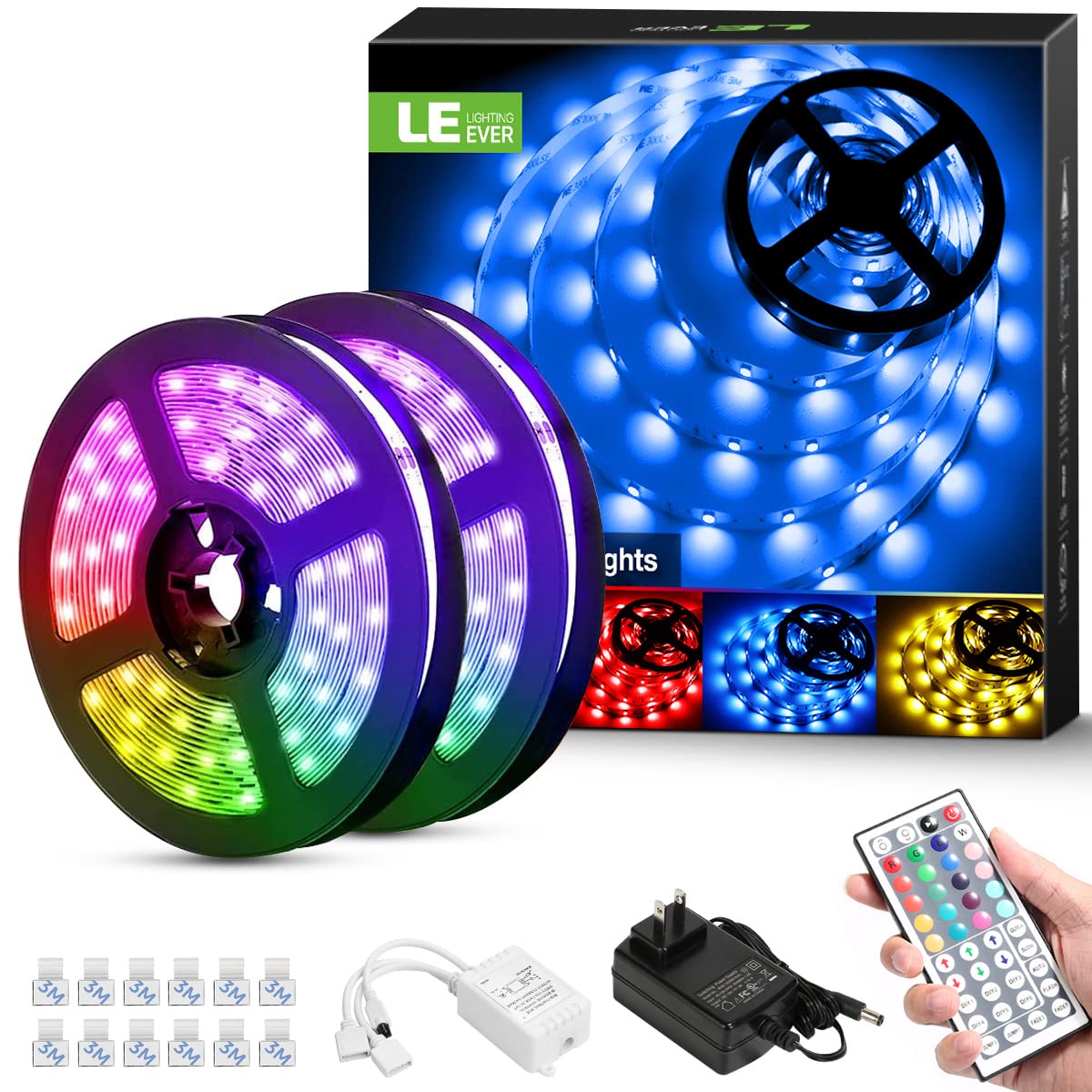 Lighting EVER 32.8ft RGB LED Strip Lights Kit - 5050 300 LEDs Color Changing Light Strips with 44-Key IR Remote & 12V Power Supply for Bedroom, Home, Kitchen Decoration (2X16.4FT) - Perfect for Party, Gaming Room, and TV Backlighting
