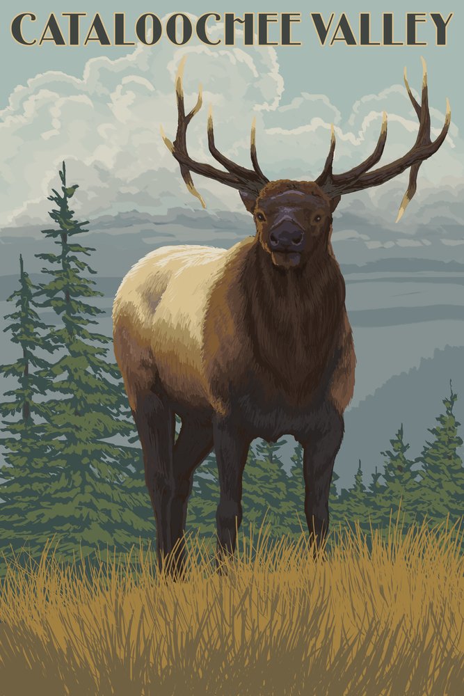 Signed 24x36 Cataloochee Valley Elk Scene Art Print - North Carolina Landscape Wall Decor Poster for Living Room, Office & Cabin