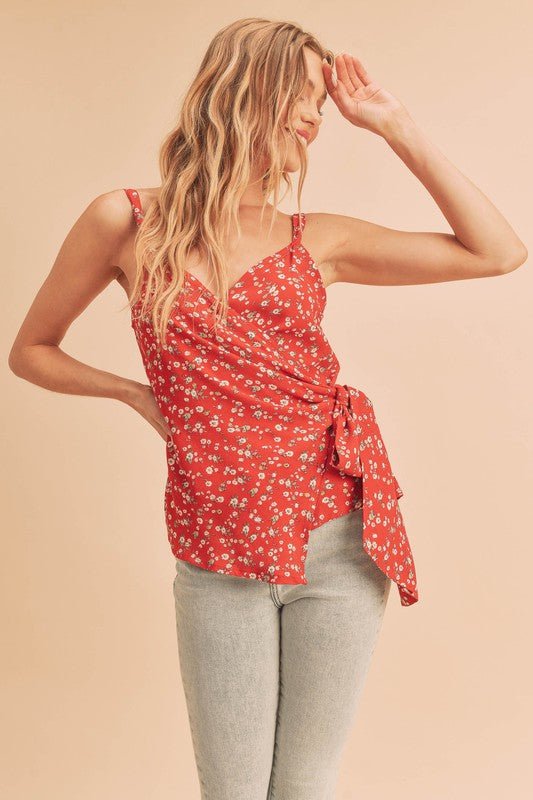 Aemi + Co Women's Ditsy Floral Print Surplice Adjustable Strap Cami Top - Casual Summer Tops for Beach, Party & Everyday Wear