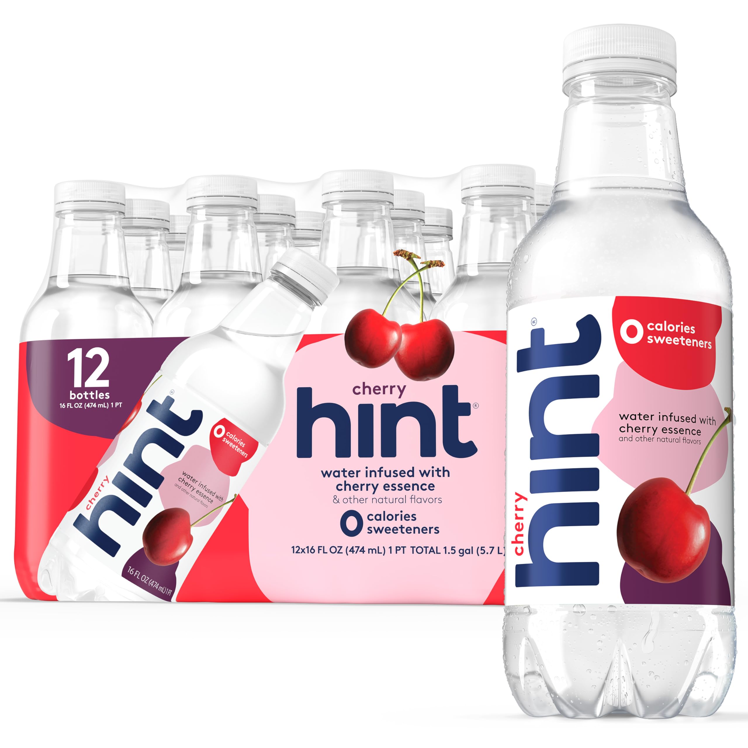 Hint Water Cherry - Pure Water Infused with Real Cherry, Zero Sugar, Zero Calories, No Sweeteners, No Preservatives, No Artificial Flavors, 16 Fl Oz (Pack of 12) - Refreshing Hydration for Workouts, Office & Healthy Lifestyle