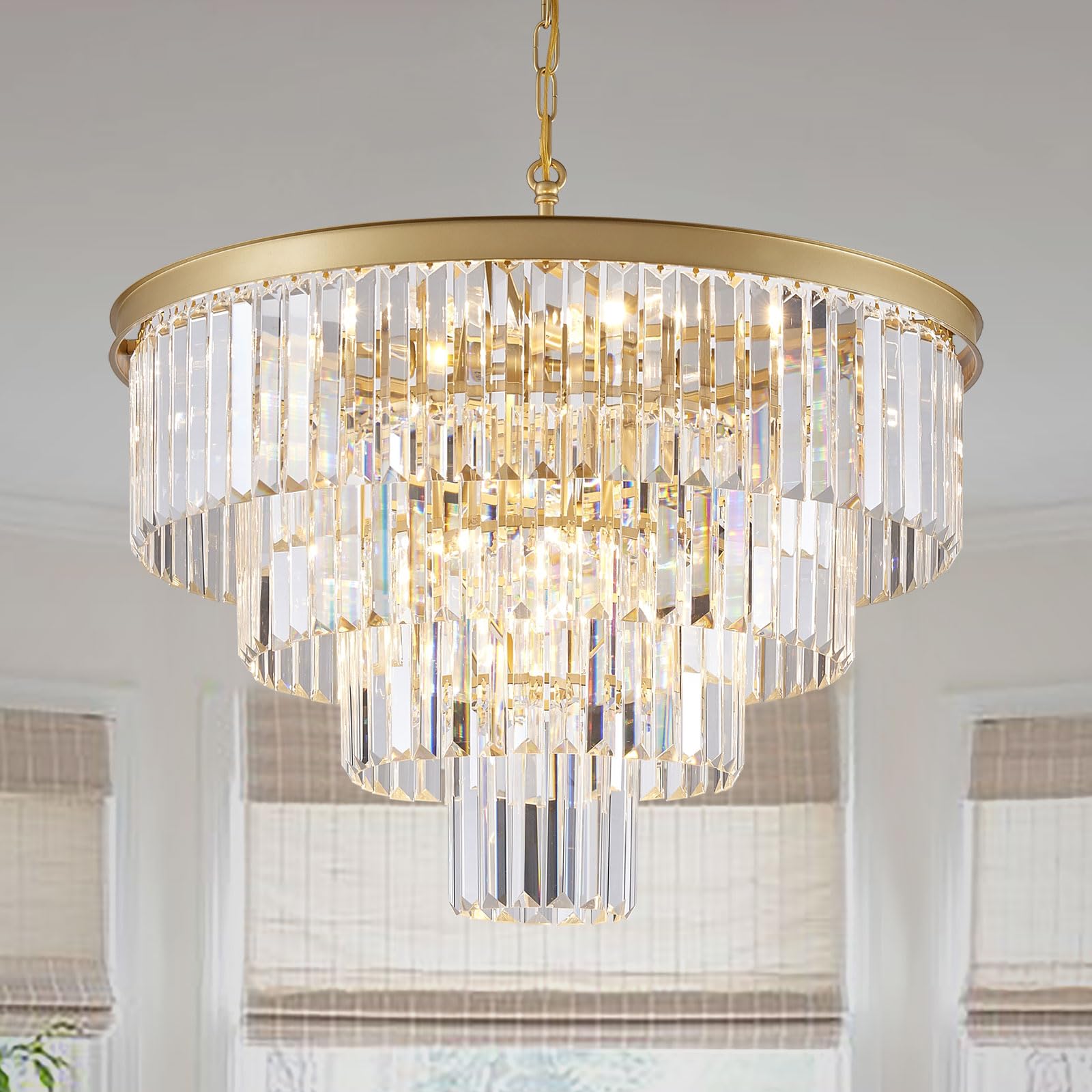 Modern Crystal Chandelier 10-Light Gold Ceiling Pendant Lamp - D23.6 Round Chandelier Lighting Fixture for Dining Room, Bedroom, Living Room, Staircase & Kitchen Island - Elegant Home Decor for Weddings, Restaurants and Luxury Interiors