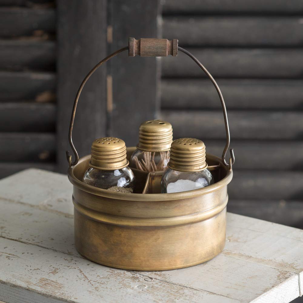 Vintage Round Brass Salt and Pepper Shaker Holder with Toothpick Caddy - Classic Antique Finish for Kitchen, Dining Table, and Restaurant Decor